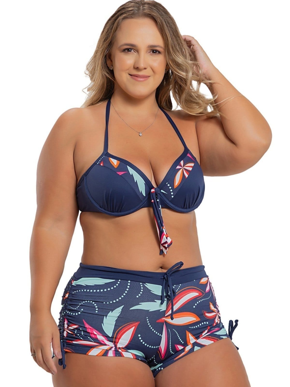 Vista 2 Biquíni Shorts Tanquíni Plus Size Com Bojo Meia Taça E Aro Regulável Estampado Folhagem Orla da Praia azul marinho/branco/vermelho