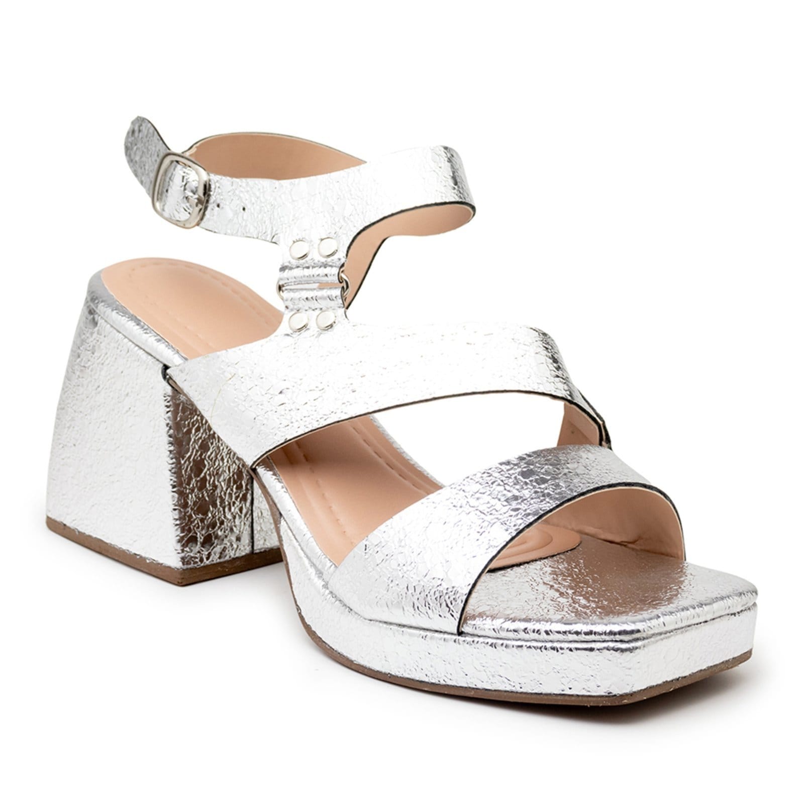 Vista 2 Sandália Feminina Meia Pata Salto Grosso 195009 Essence Flor da Pele prata