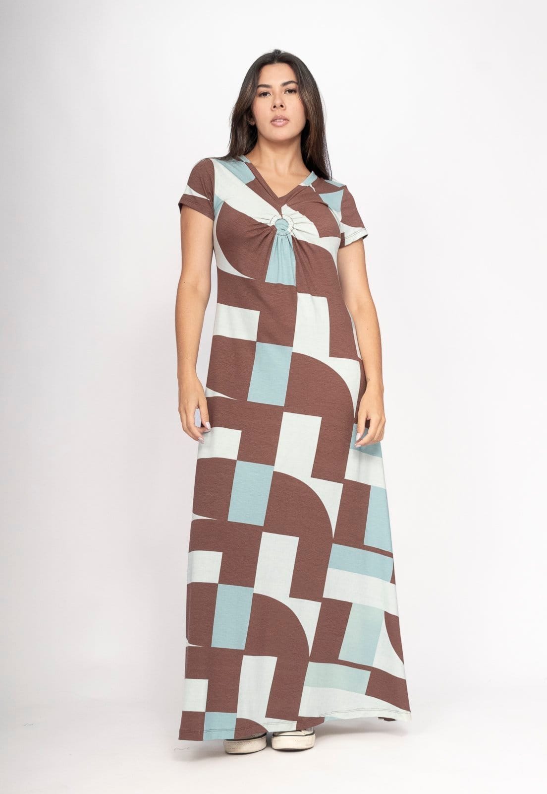 Vista principal Vestido CabanaFree Coema Longo Malha Detalhe no Busto Santa Rosa do Tocantins Cabanafree estampado rosa