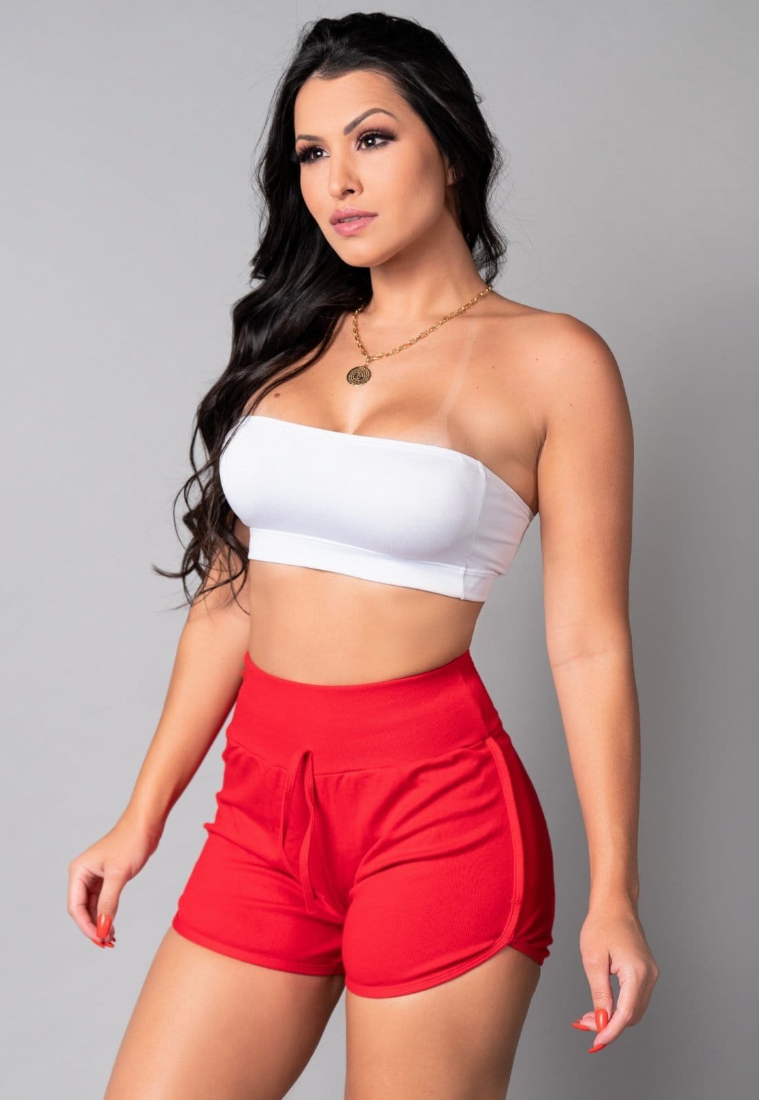 Vista 2 Short Jogger MVB Modas Ribana Cintura Alta Mvb Modas vermelho