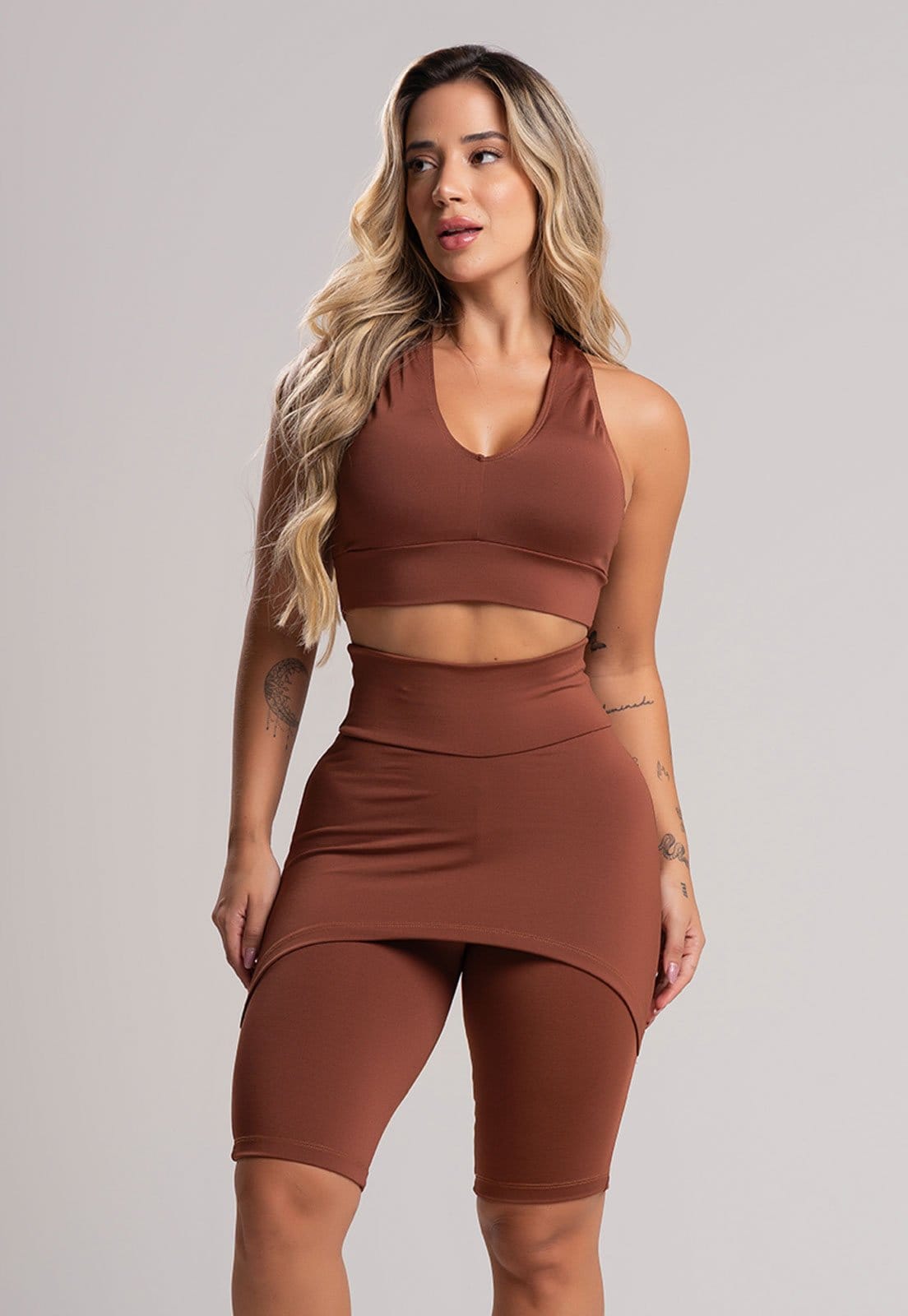 Vista 2 Bermuda MVB Modas Ciclista Saia Tapa Bumbum Cintura Alta Mvb Modas marrom