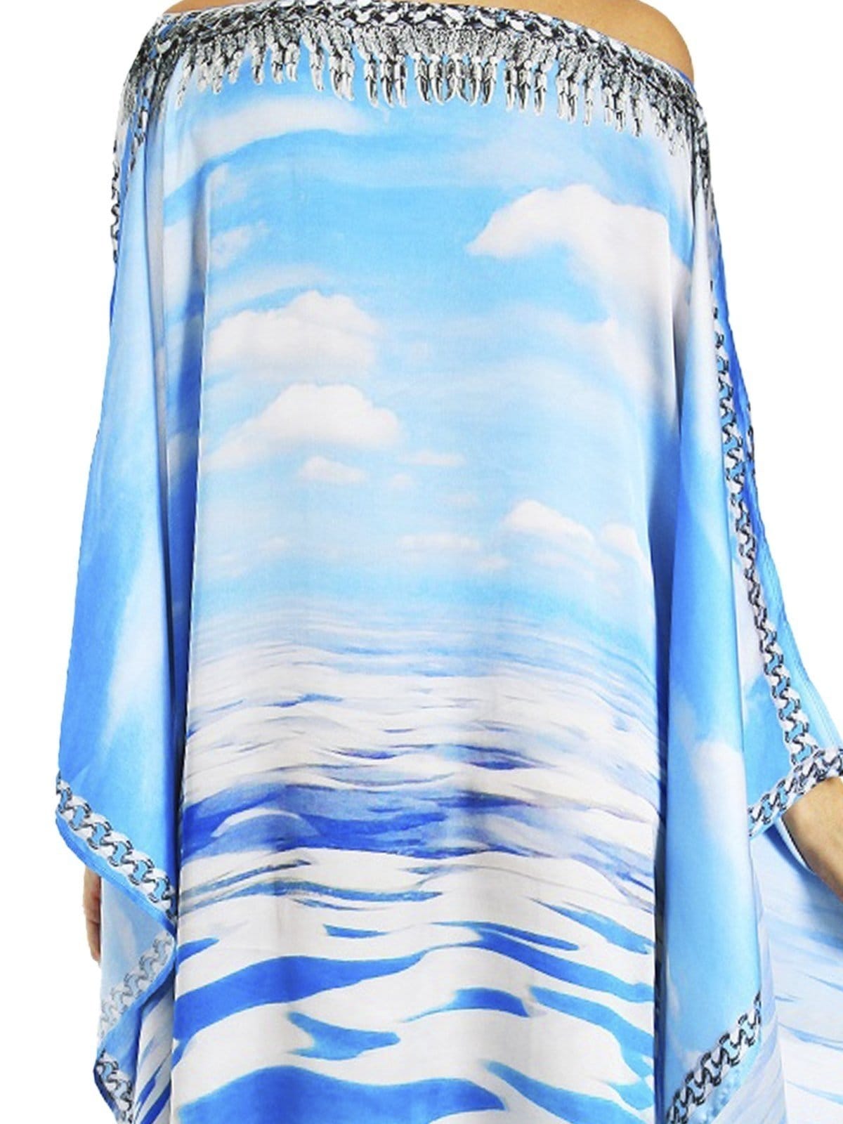 Vista 2 Vestido Kaftan Curto Cetim Estampado EXCLUSIVO Lençois Maranhenses 101 Resort Wear azul