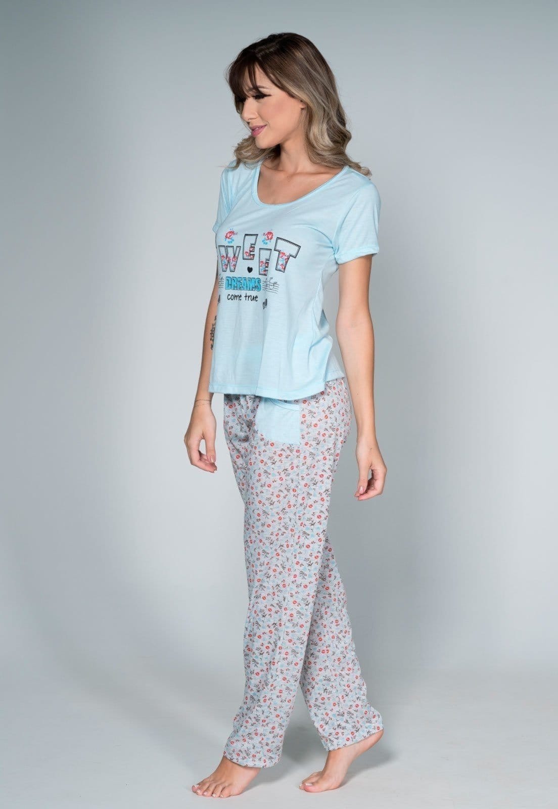 Vista 2 Pijama Feminino WLS Modas Calça e Manga Curta Alice WLS Modas azul