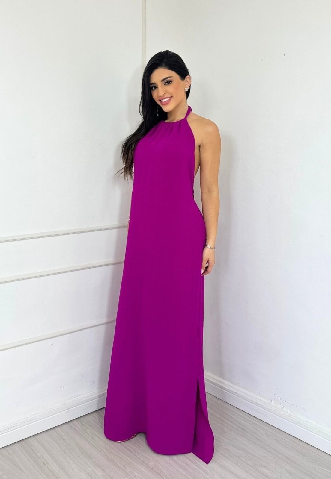 Vestido Longo Frente Única Amarração Esther Fúcsia