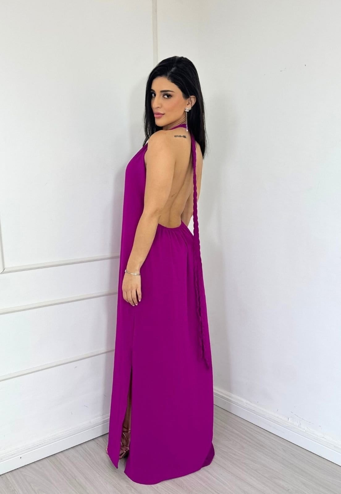 Vista 2 Vestido Longo Frente Única Amarração Esther Fúcsia Cia do Vestido roxo