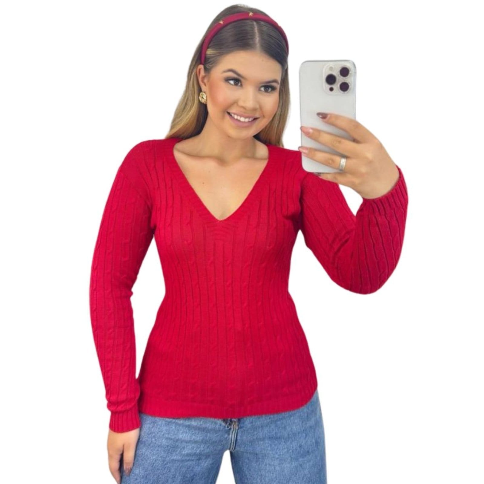 Blusa Feminino FMF Suéter de Tricô Manga Longa