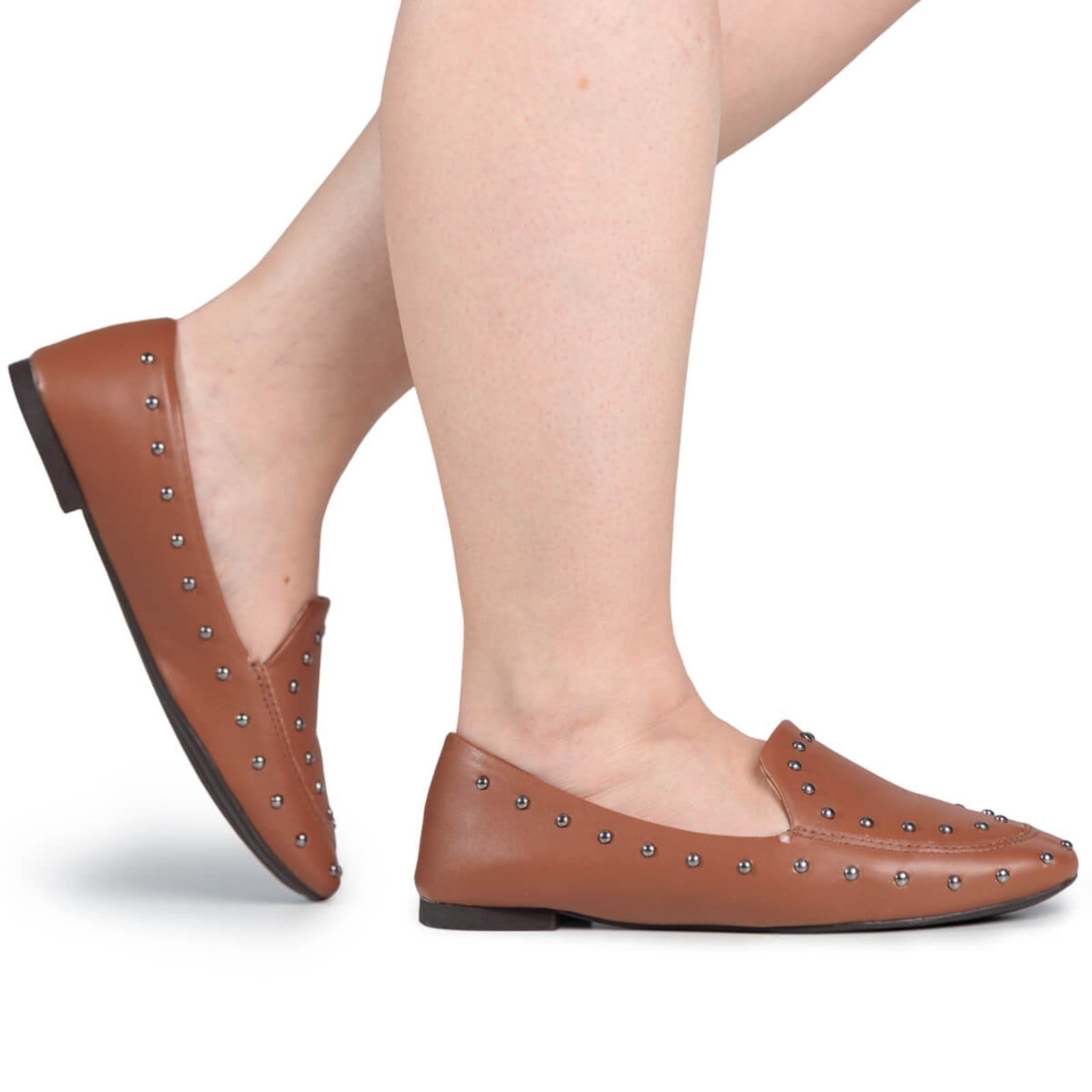 Vista 2 Sapatilha Mocassim Feminino Loafer Slipper Com Tachas Casual Confortável Via Angel 9303 VIA ANGEL caramelo