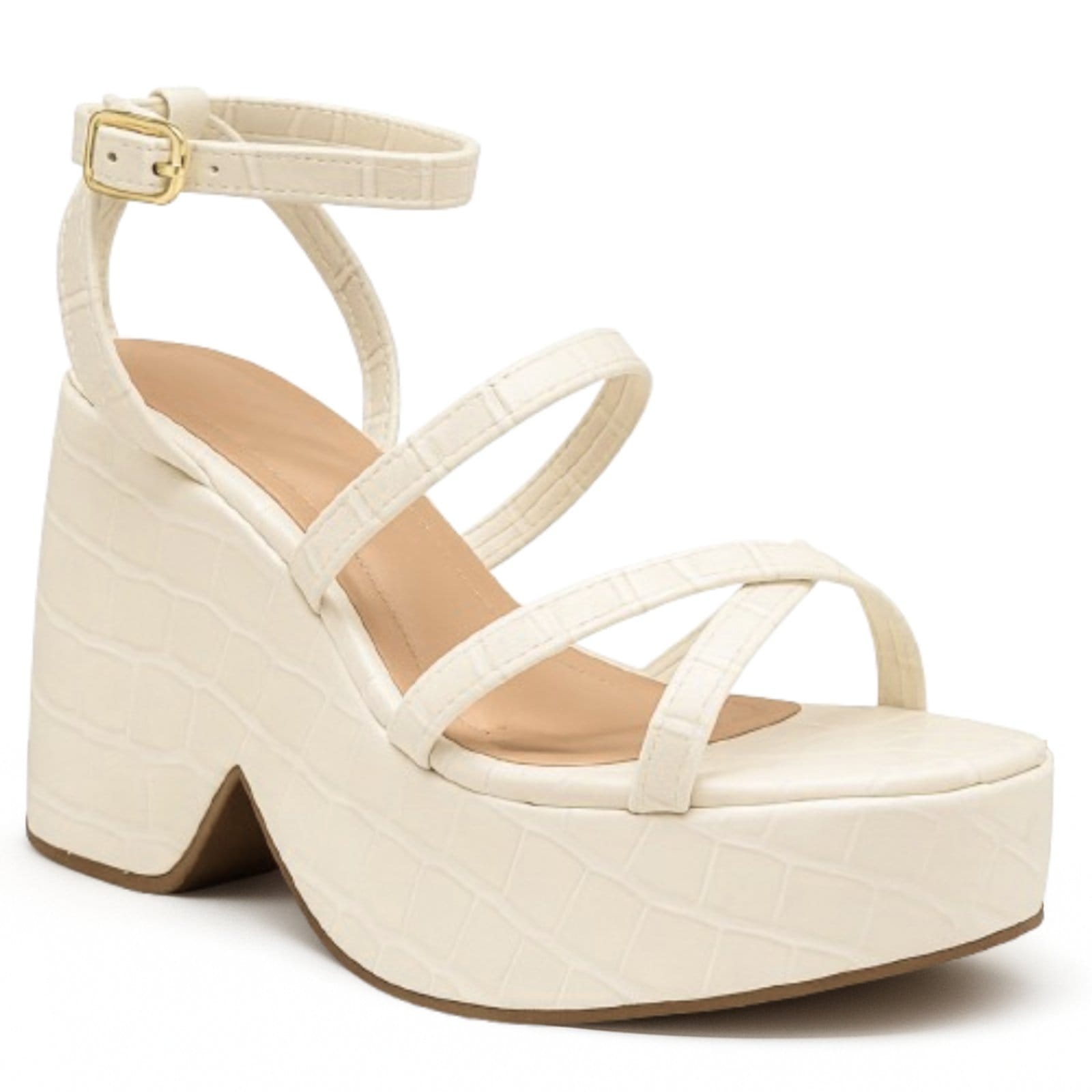 Sandália Meia Pata Feminina Anabela Com Tiras Croco Off White 194002