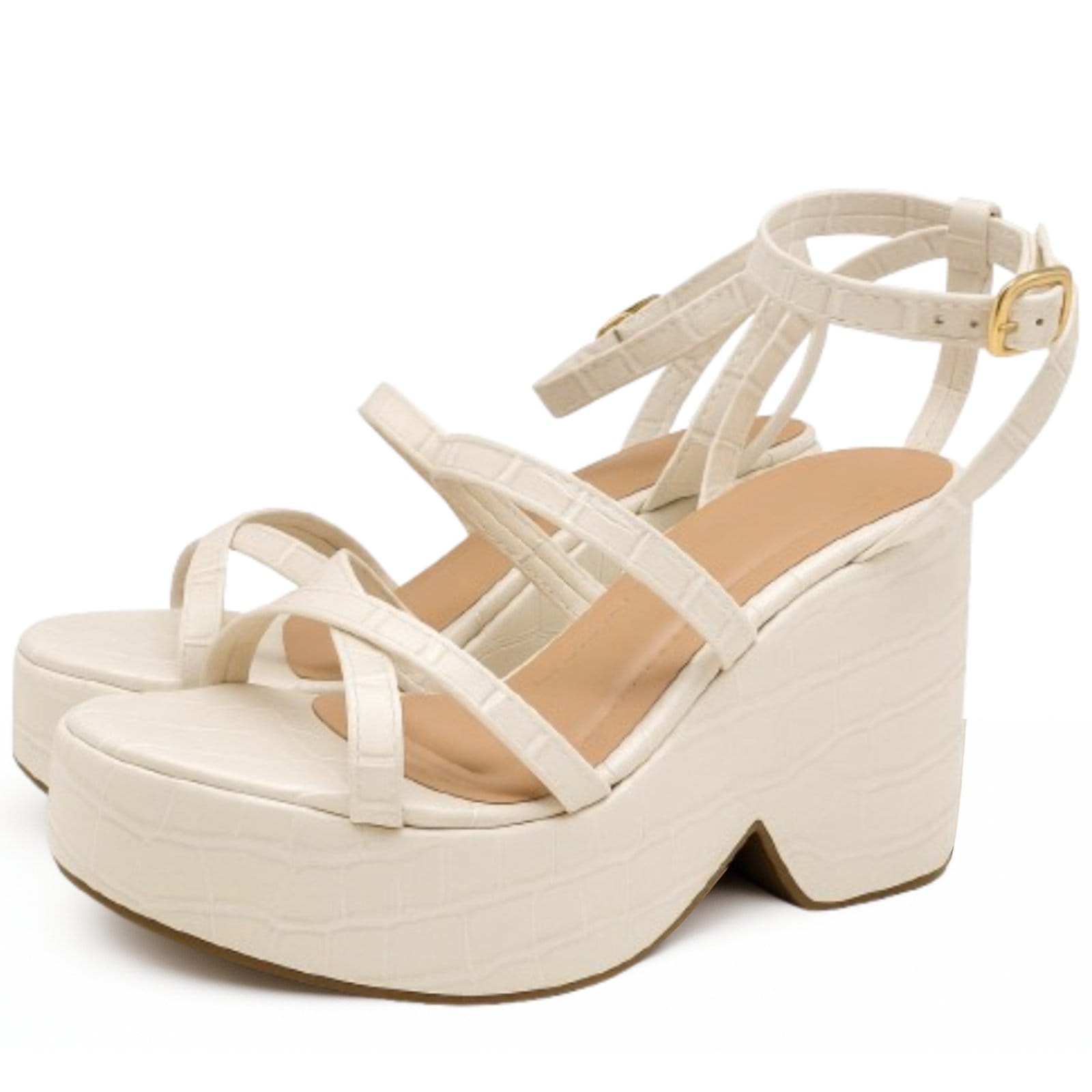 Vista 2 Sandália Meia Pata Feminina Anabela Com Tiras Croco Off White 194002 Hannah Footwear off-white white