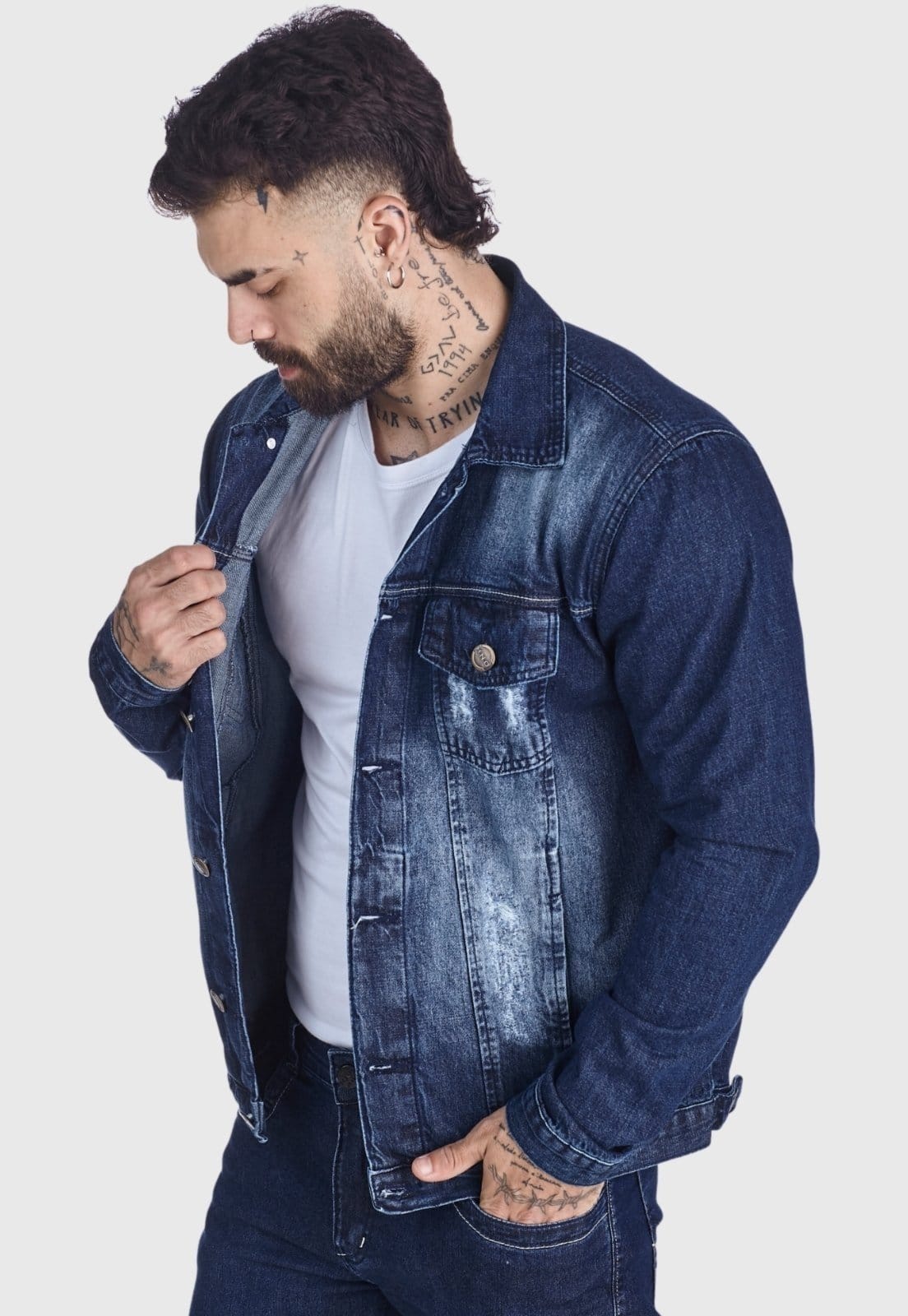 Vista 2 Jaqueta Jeans HNO Jeans 4 bolsos Destroyed Used HNO Jeans azul