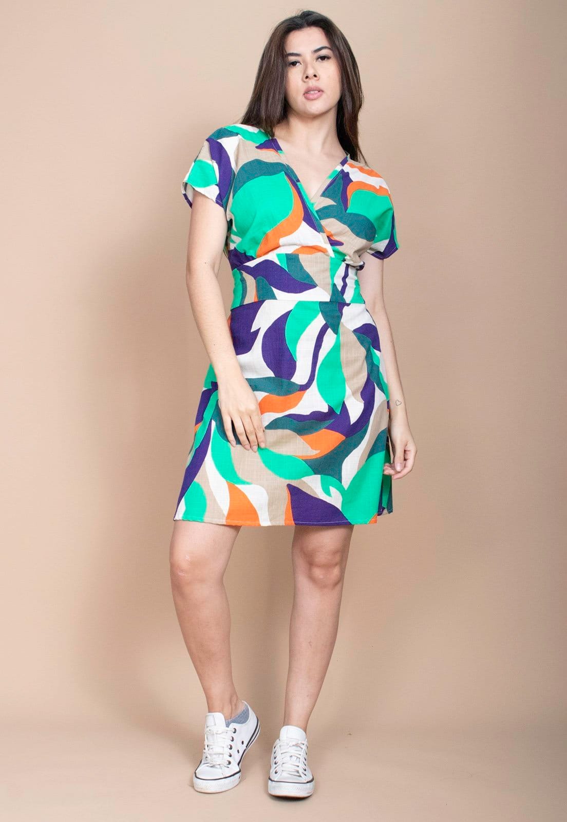 Vista 2 Vestido Cabanafree Curto Viscose Elastex nas Costas Estampa Brisa do Mar Cabanafree azul/estampado/laranja/verde