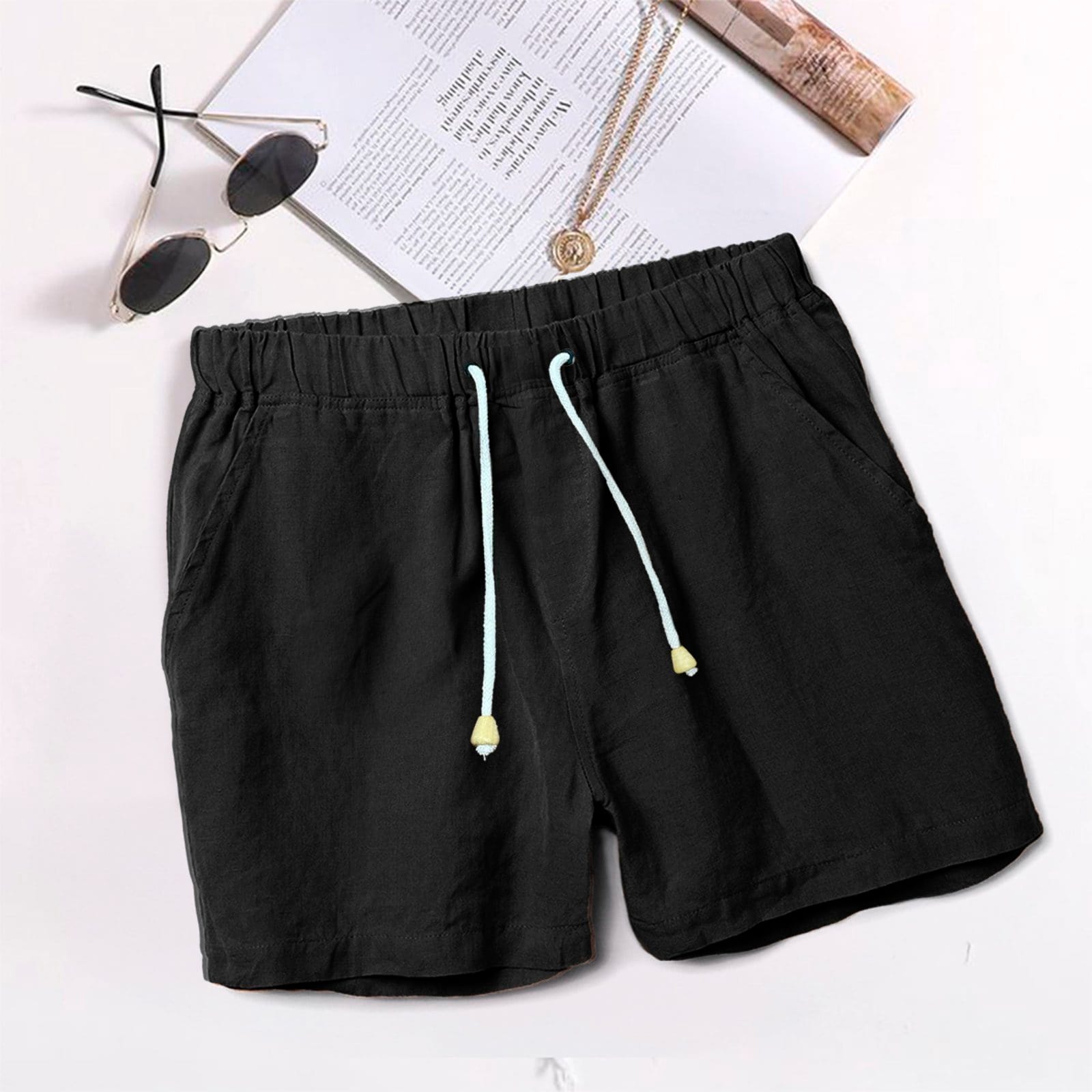 Vista 2 Kit 3 Shorts Linho Premium Bermuda Masculina Moda Praia Luxo Relaxado bege/preto/verde militar