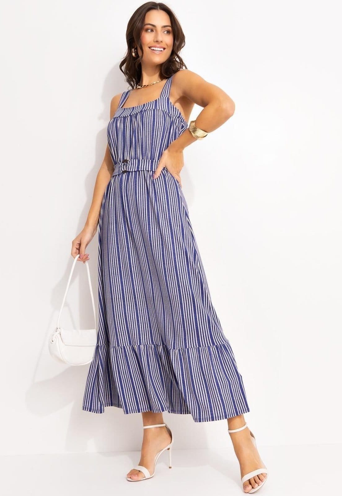 Vestido Em Malha De Viscose Listrado