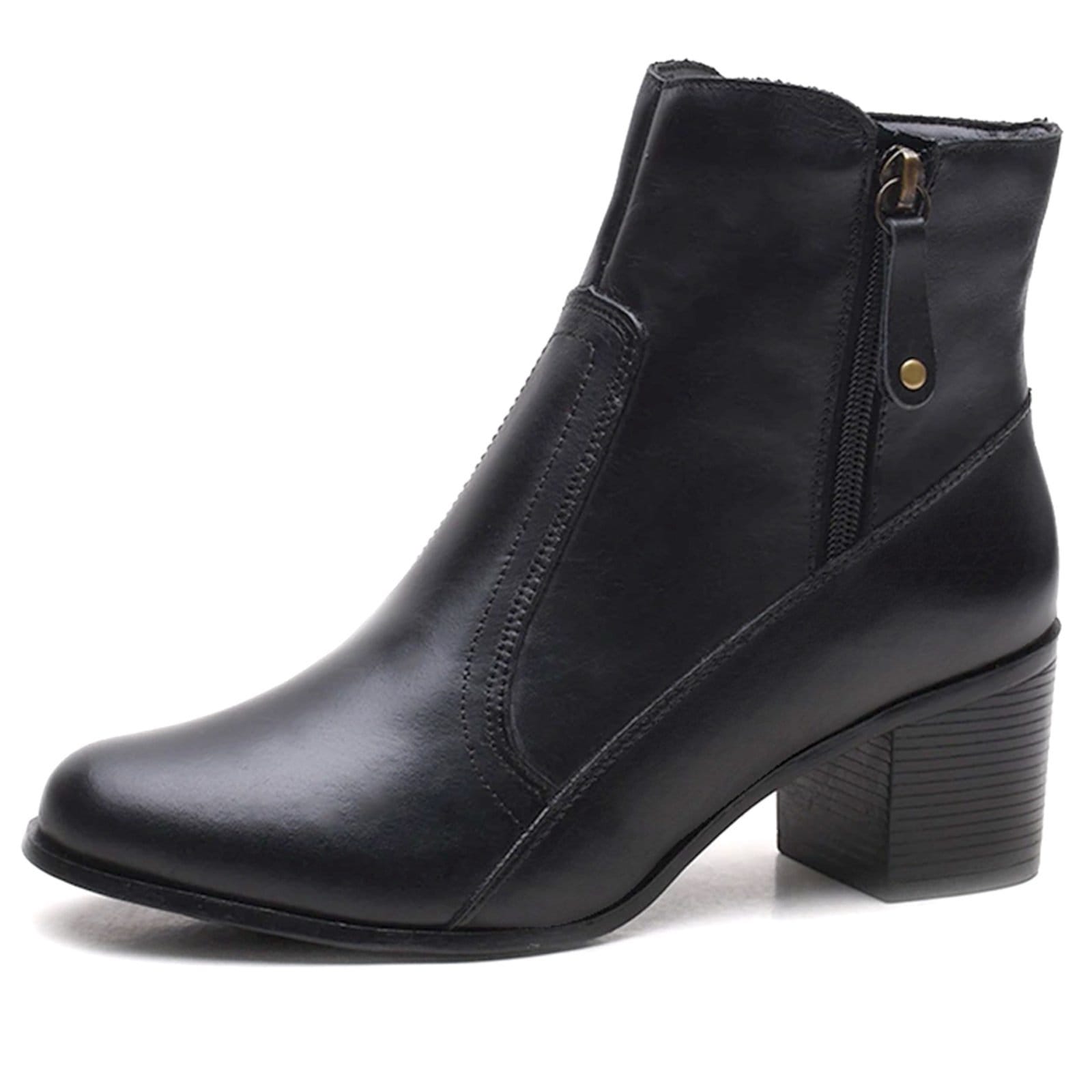 Bota Feminina Em Couro Com Zíper Confortável Salto Bloco