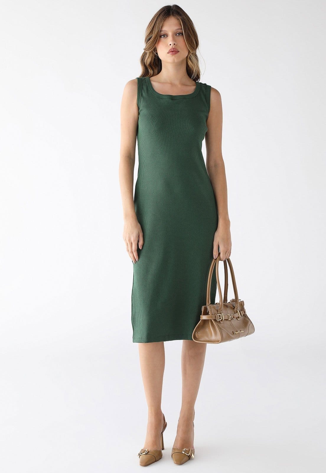 Vestido Midi Levosch De Alça E Fenda Ribana Verde Militar