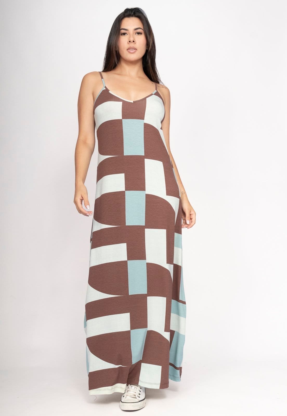 Vista 2 Vestido CabanaFree Guaíra Longo Malha Alça Fina Santa Rosa do Tocantins Cabanafree estampado rosa