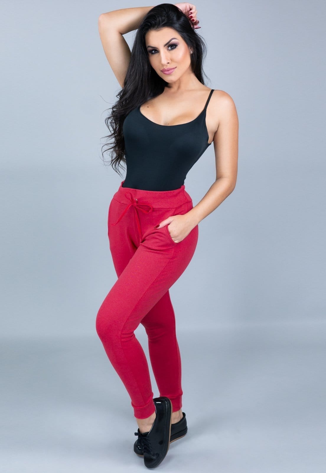 Vista 2 Calça Ribana Jogger MVB Modas Cintura Alta Moletom Mvb Modas vermelho