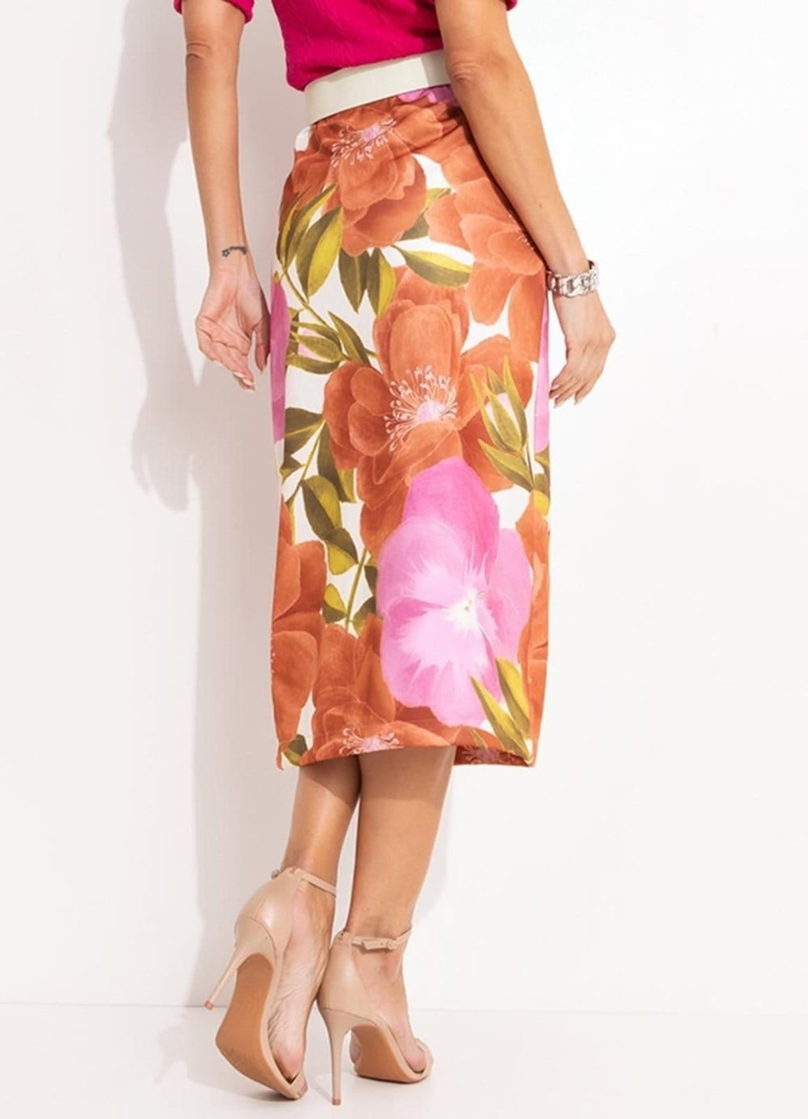 Vista 2 Saia Malha Floral Maxi Colorido Quintess laranja