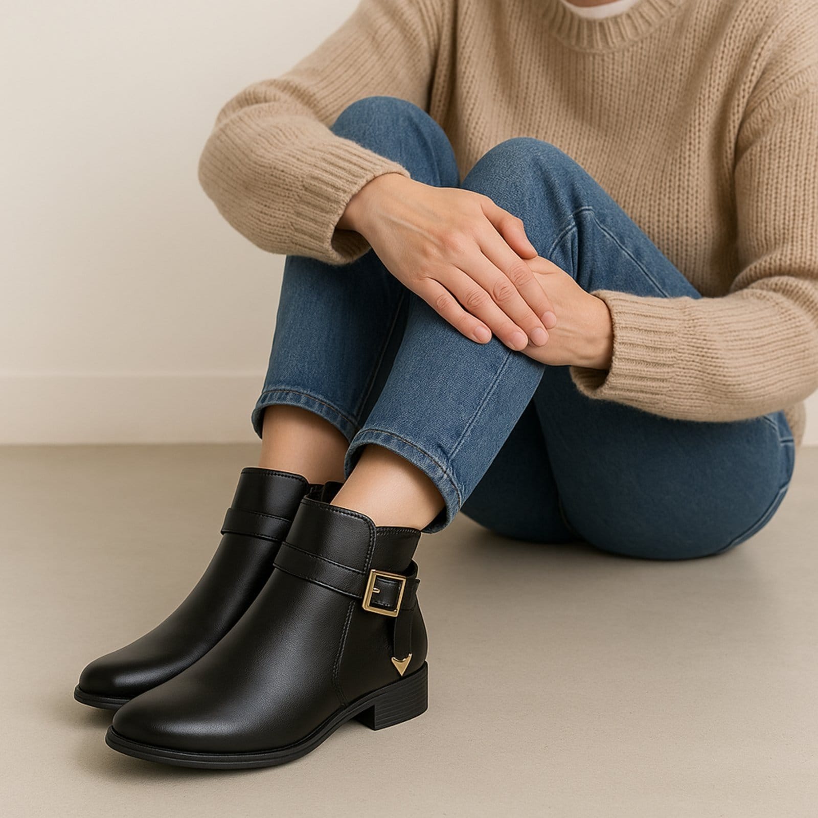 Bota Feminina Cano Curto Yes Basic Salto Baixo em Couro com Fivela Lateral Preta