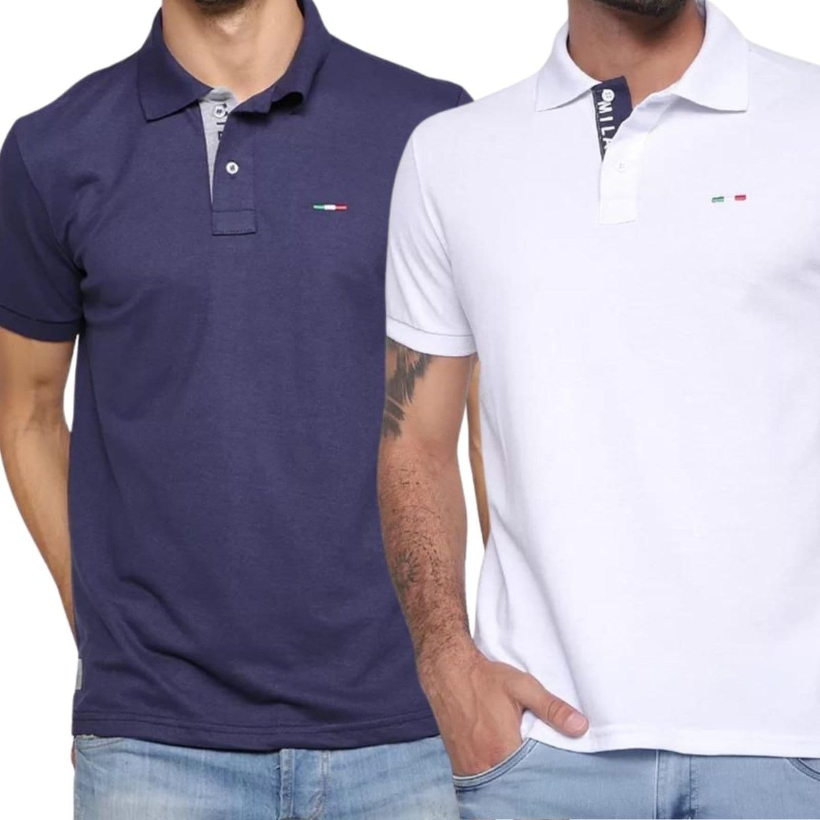 Kit 2 Polos FMF Masculina Básicas Piquet no Estilo Tommy Bordado Itália Marinho Branco