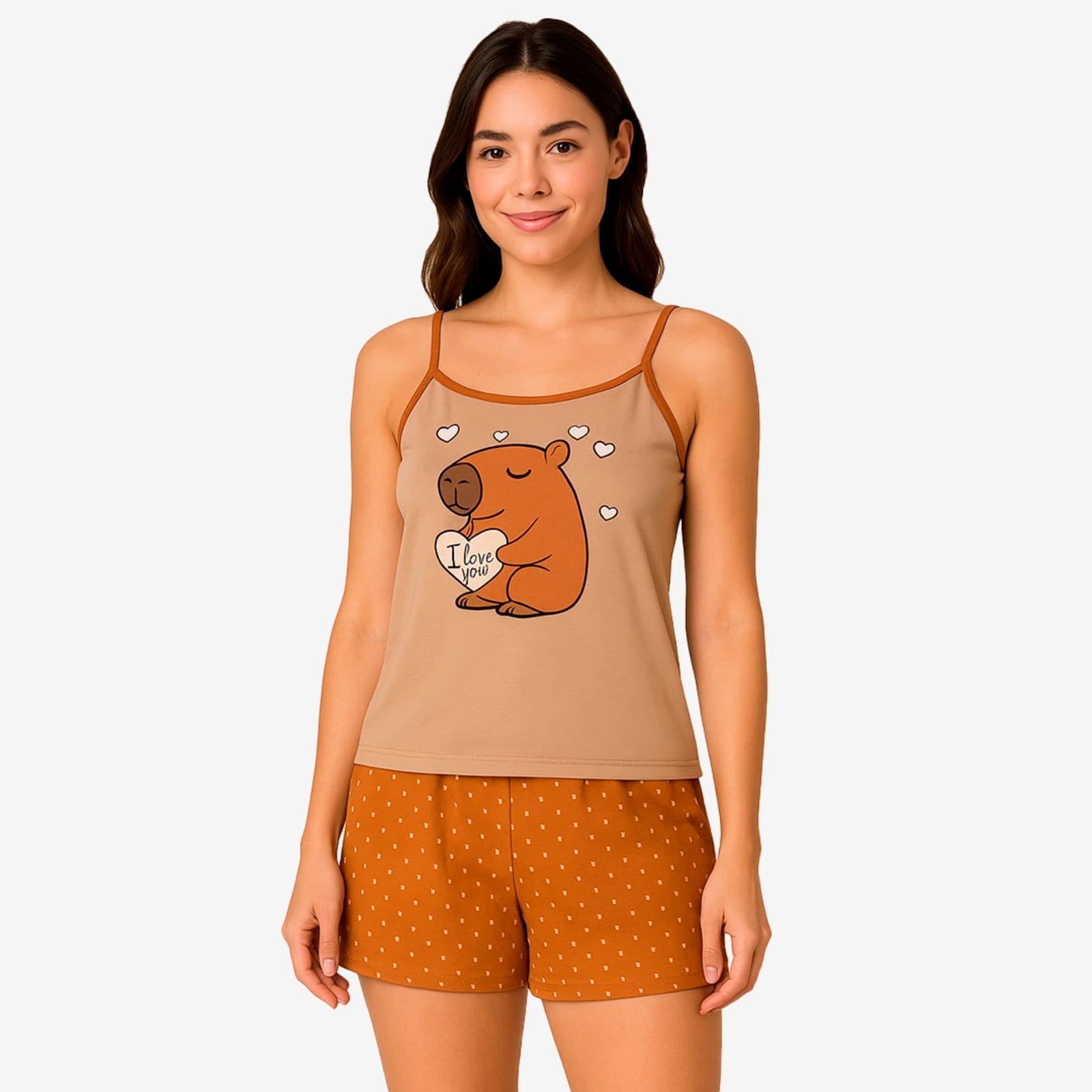 Conjunto de Verão Gabi Lingerie Capivara Baby Doll Elegante Alcinha Estampado Pijama Sensual