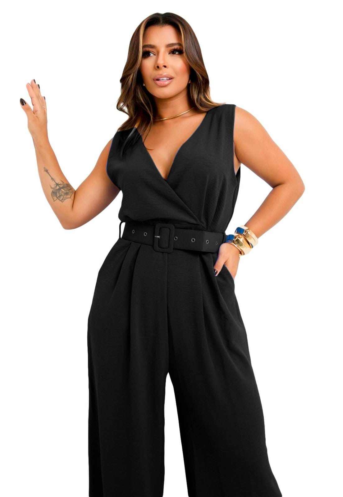 Macacão Longo YWC ind Duna Social Calça Pantalona Com Cinto e Bolso Lateral