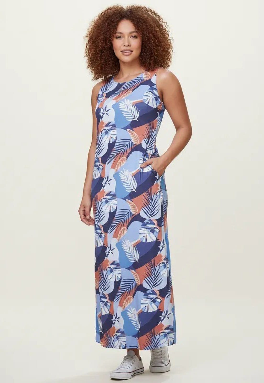 Vestido CabanaFree Longo Plano com Bolso Estampa Jardim Celeste