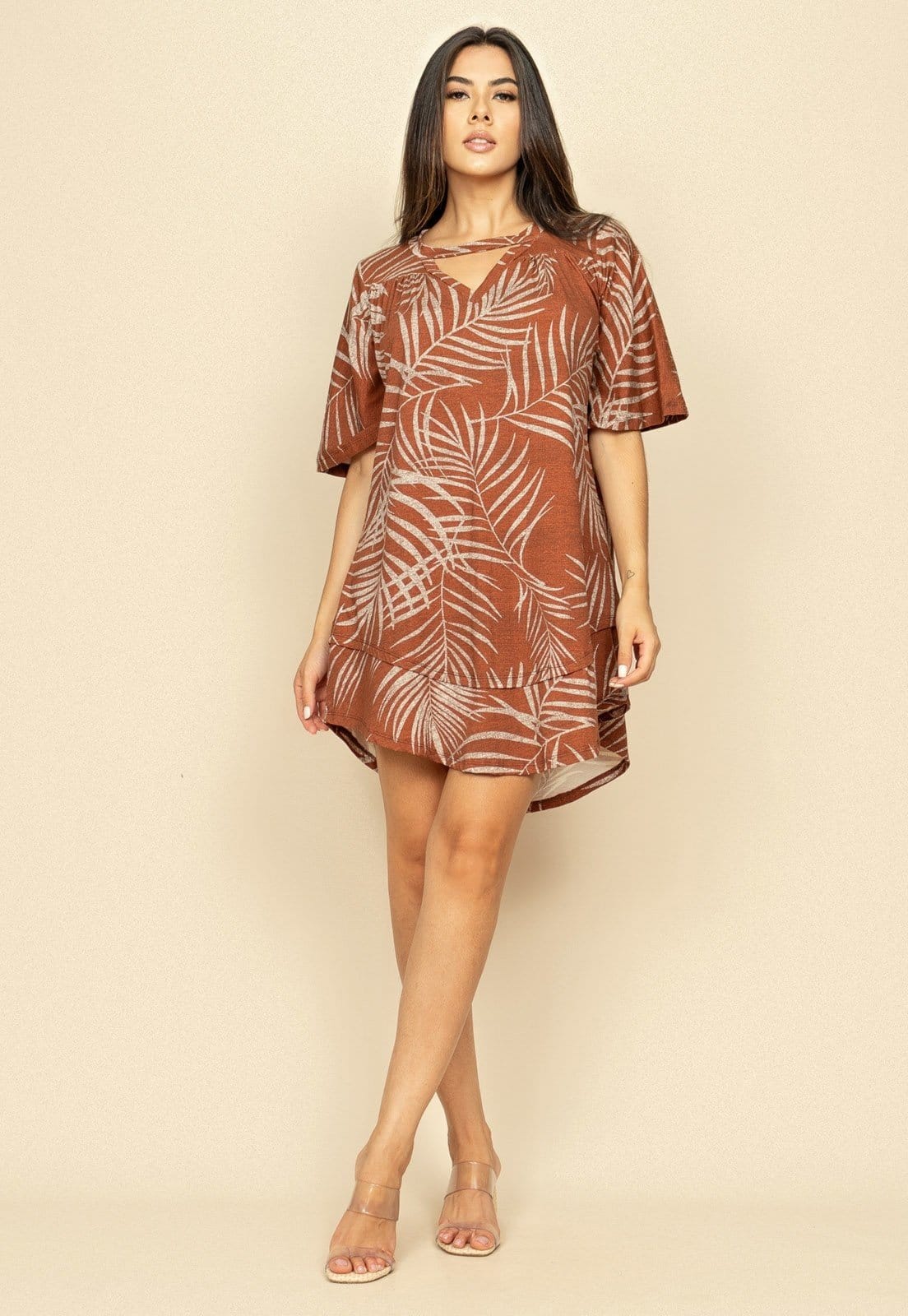 Vista 2 Vestido Curto Malha Manga Curta Estampa Palmas Terra Cabanafree azul/estampado