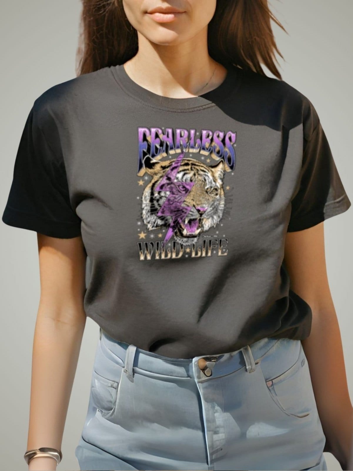 Camiseta Feminina Blusinha Plus Size T-shirt GuGi Leopard Tigre Raio Roxo Camisa Onça Preto