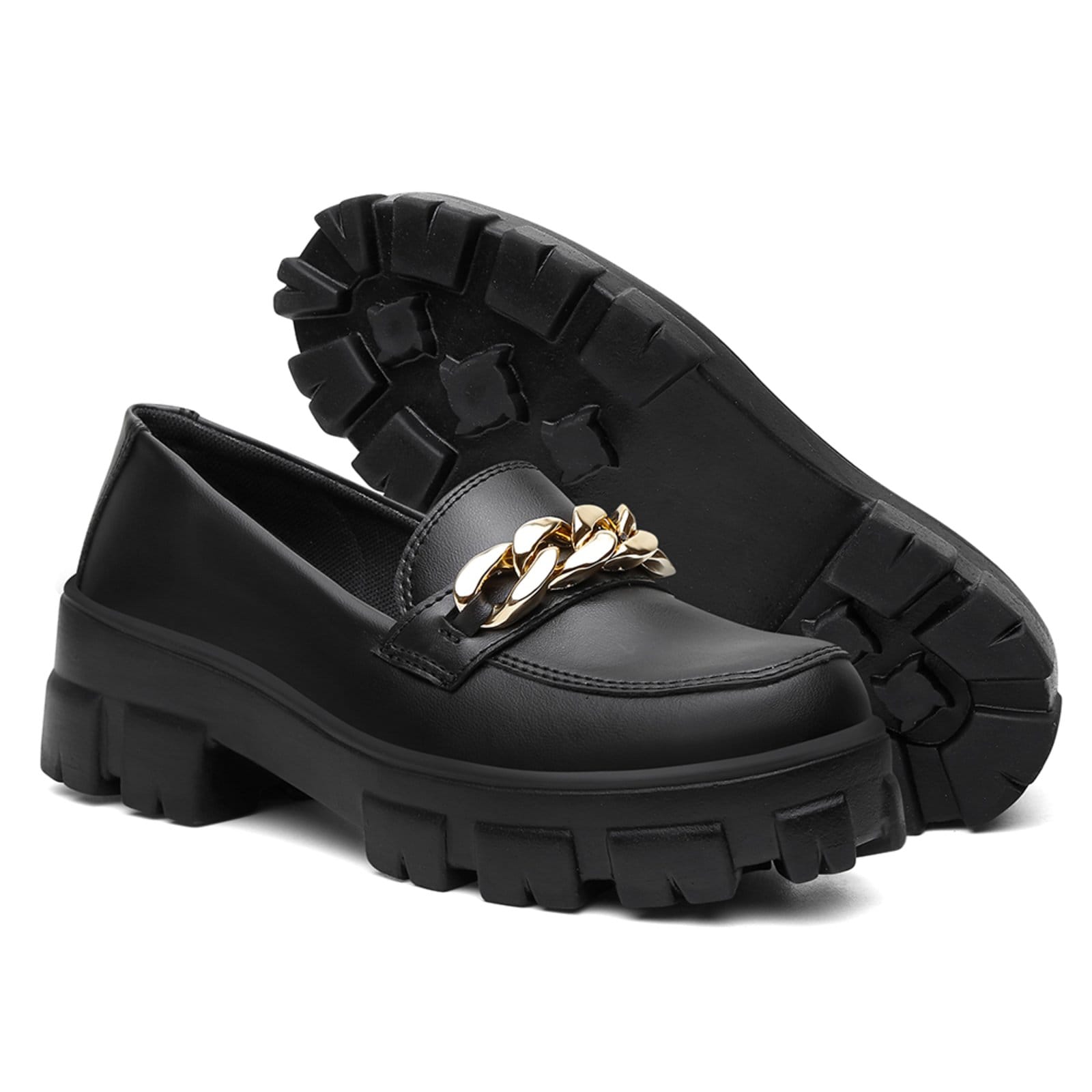 Vista 2 Mocassim Feminino Tratorado Plataforma Detalhe Corrente Dourada Estiloso Nine4 preto