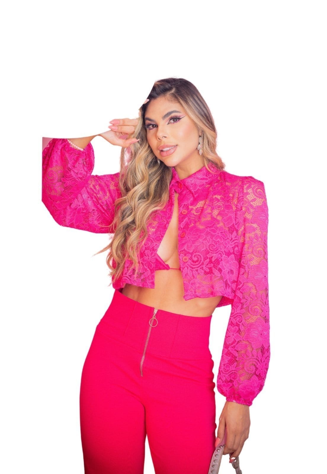Vista 2 Camisa Cropped Renda Transparência + Top Cia do Vestido pink