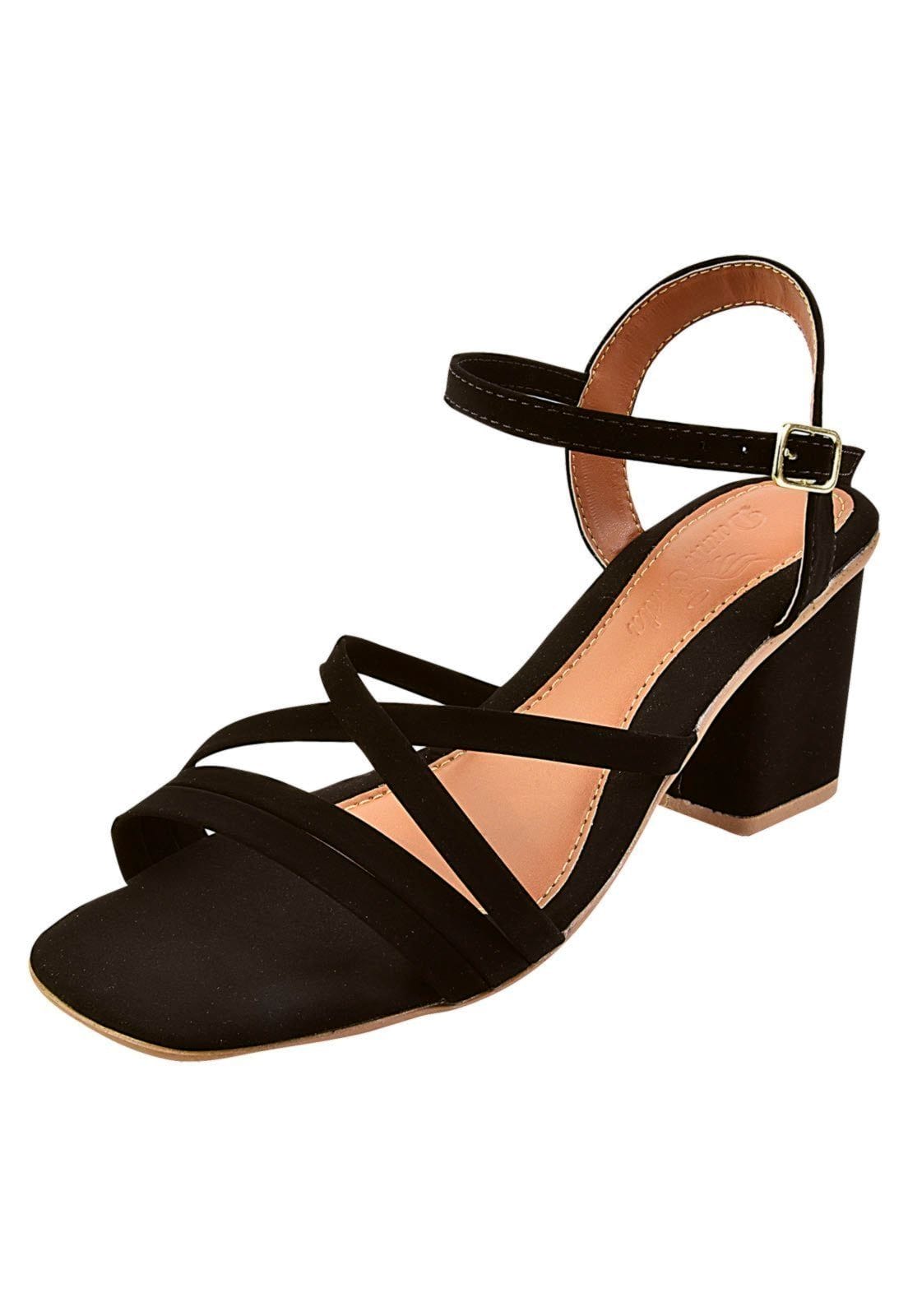 Sandália Salto Bloco Quadrado Donna Santa Tiras Finas Cruzadas Preta