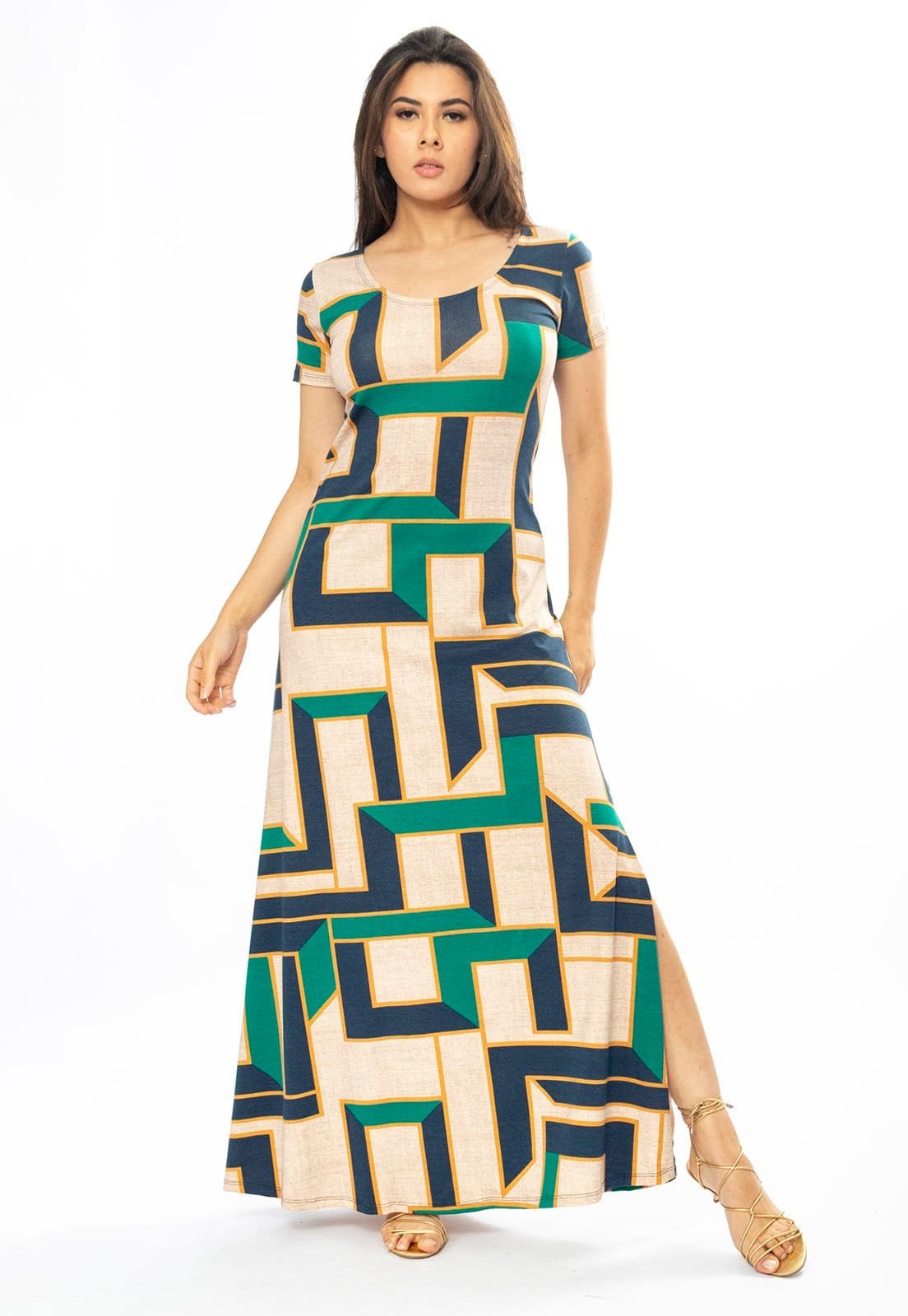 Vestido Longo Cabanafree Malha Gola Canoa Manga Curta Estampa Chapada de Areia