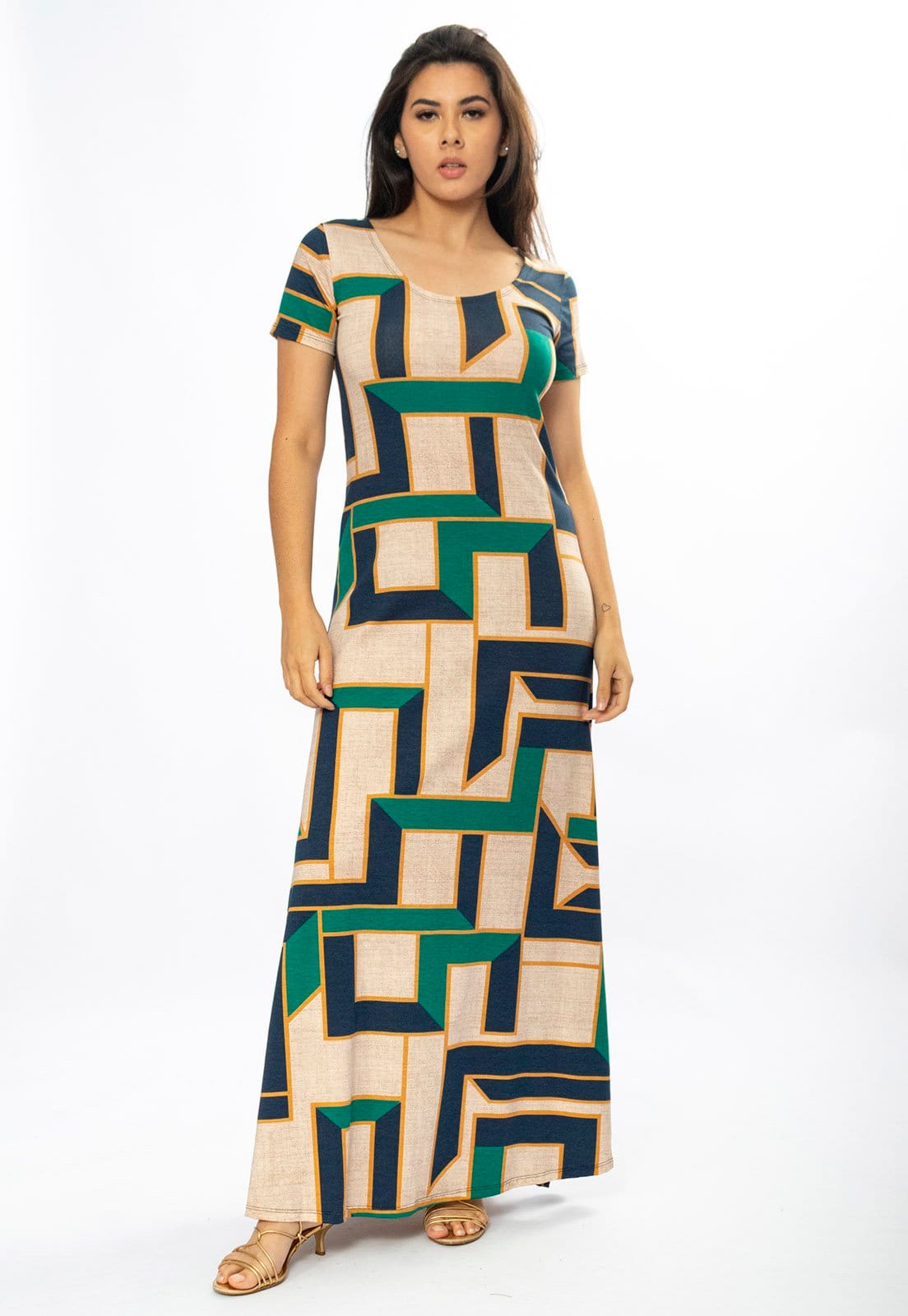 Vista 2 Vestido Longo Cabanafree Malha Gola Canoa Manga Curta Estampa Chapada de Areia Cabanafree azul/bege/cinza