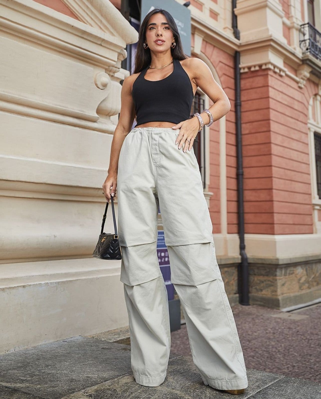 Calça Sarja Wide Leg Parachute Feminina Cintura Média 22706 Creme