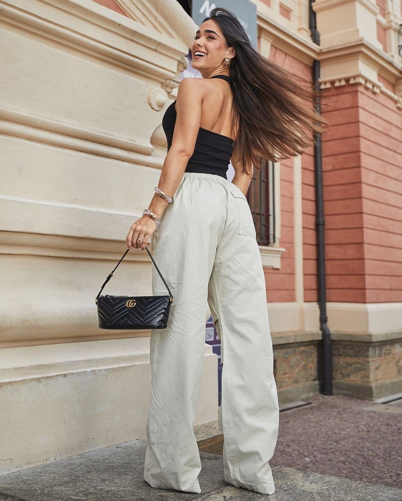 Vista 2 Calça Sarja Wide Leg Parachute Feminina Cintura édia 22706 Creme Consciência off-white