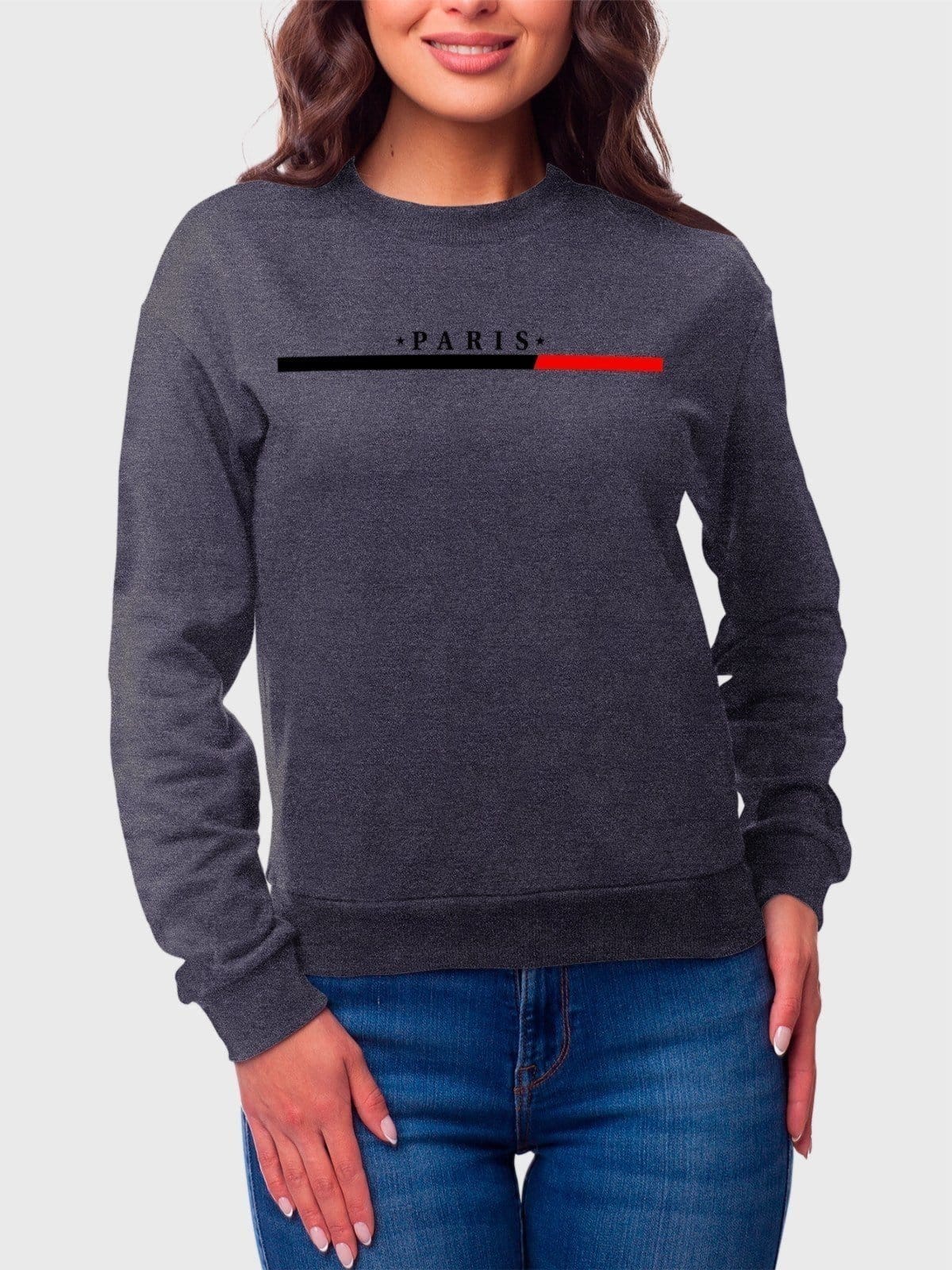 Vista principal Moletom Gola Redonda Feminino Flanelado Estampa Paris Chumbo Benellys grafite