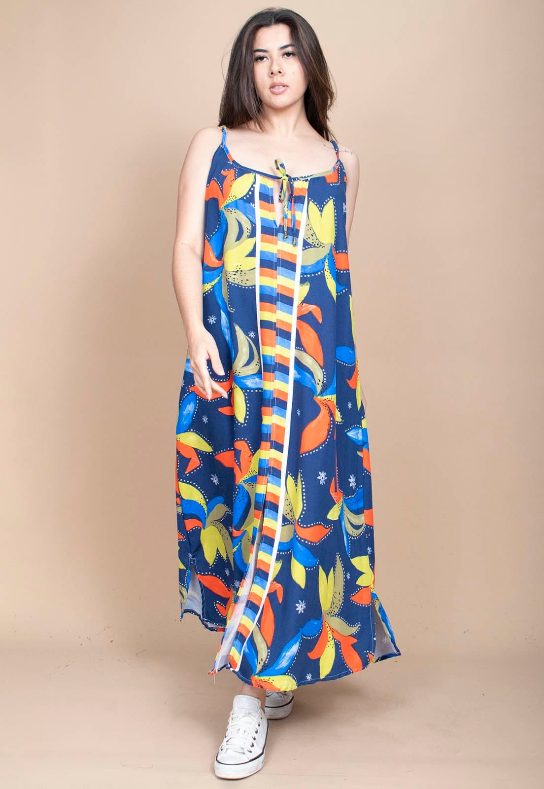 Vestido Longo Cabanafree Caçuá Viscose Alça Fina Estampa Maré Vibrante