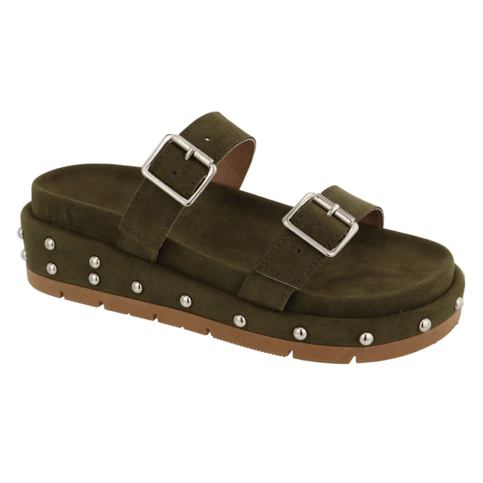 Sandália Papete Feminina Sola Alta Fivelas Camurça Verde Musgo