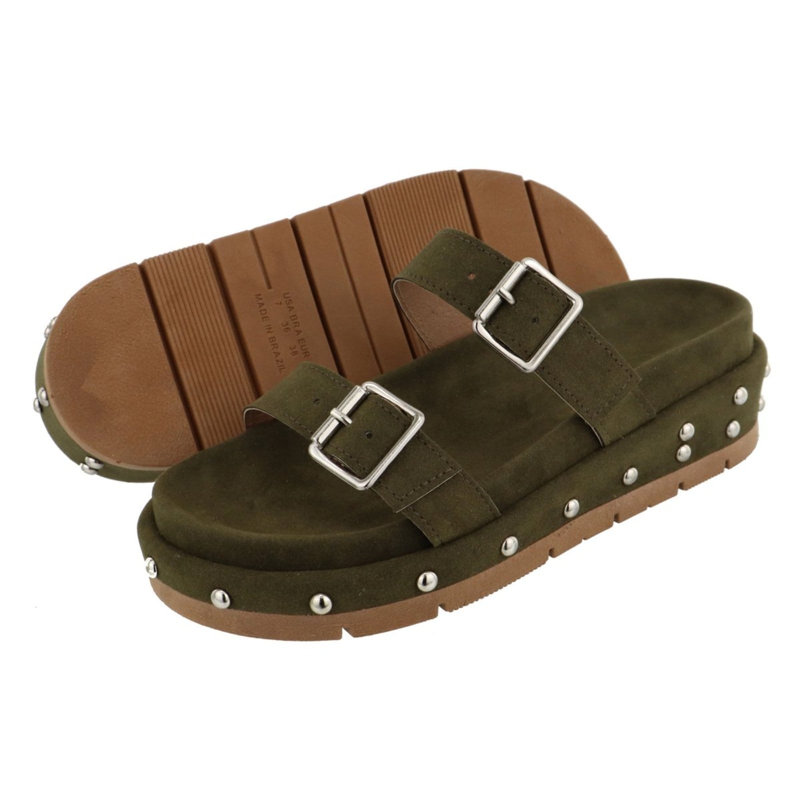 Vista 2 Sandália Papete Feminina Sola Alta Fivelas Camurça Verde Musgo TELLINI STORE verde militar