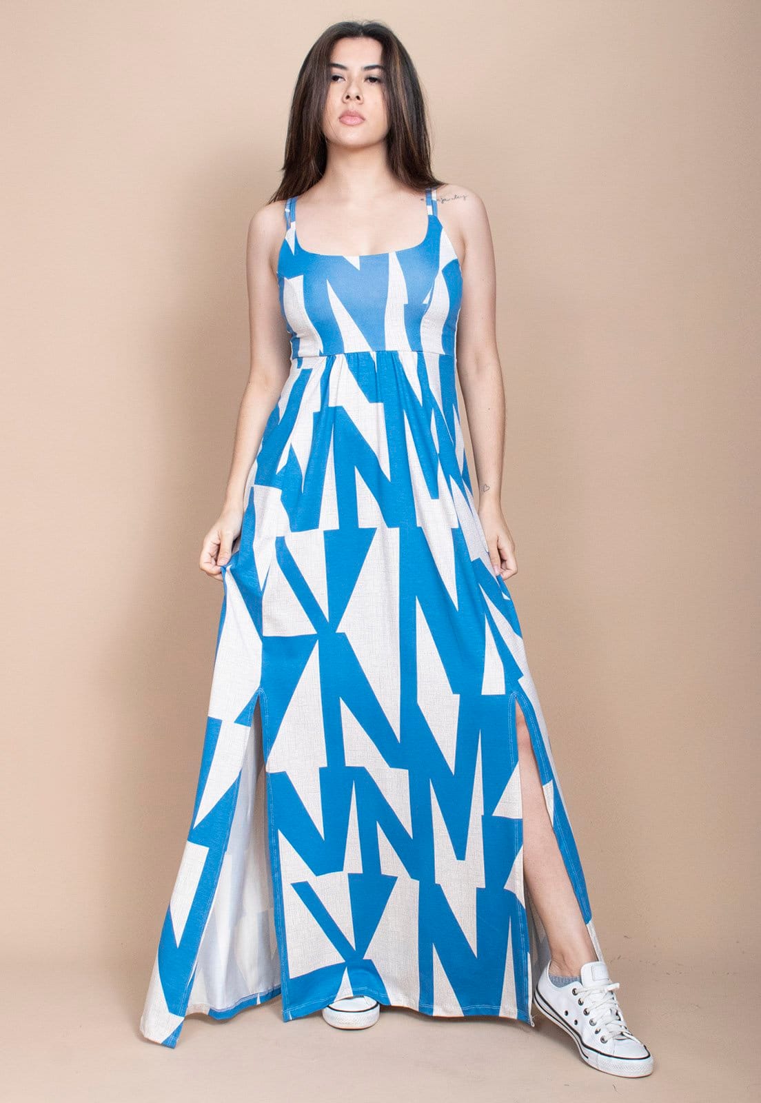 Vestido Cabanafree Longo Malha Geometrico Blue