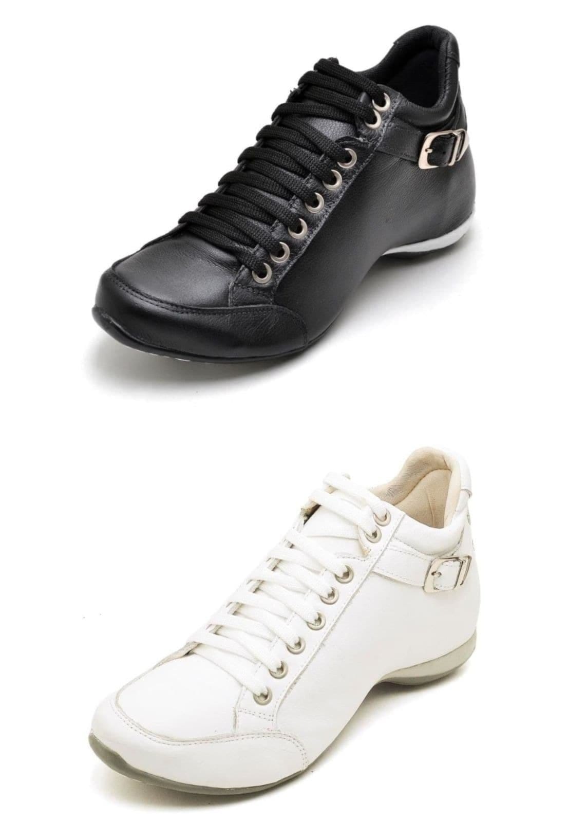 Vista principal Kit 02 Botas Feminina Cano Curto Couro Esportiva Peccato DFT Kit Top Confort 2 Fivela Preto/Branco Clube do Sapato de Franca multicolorido