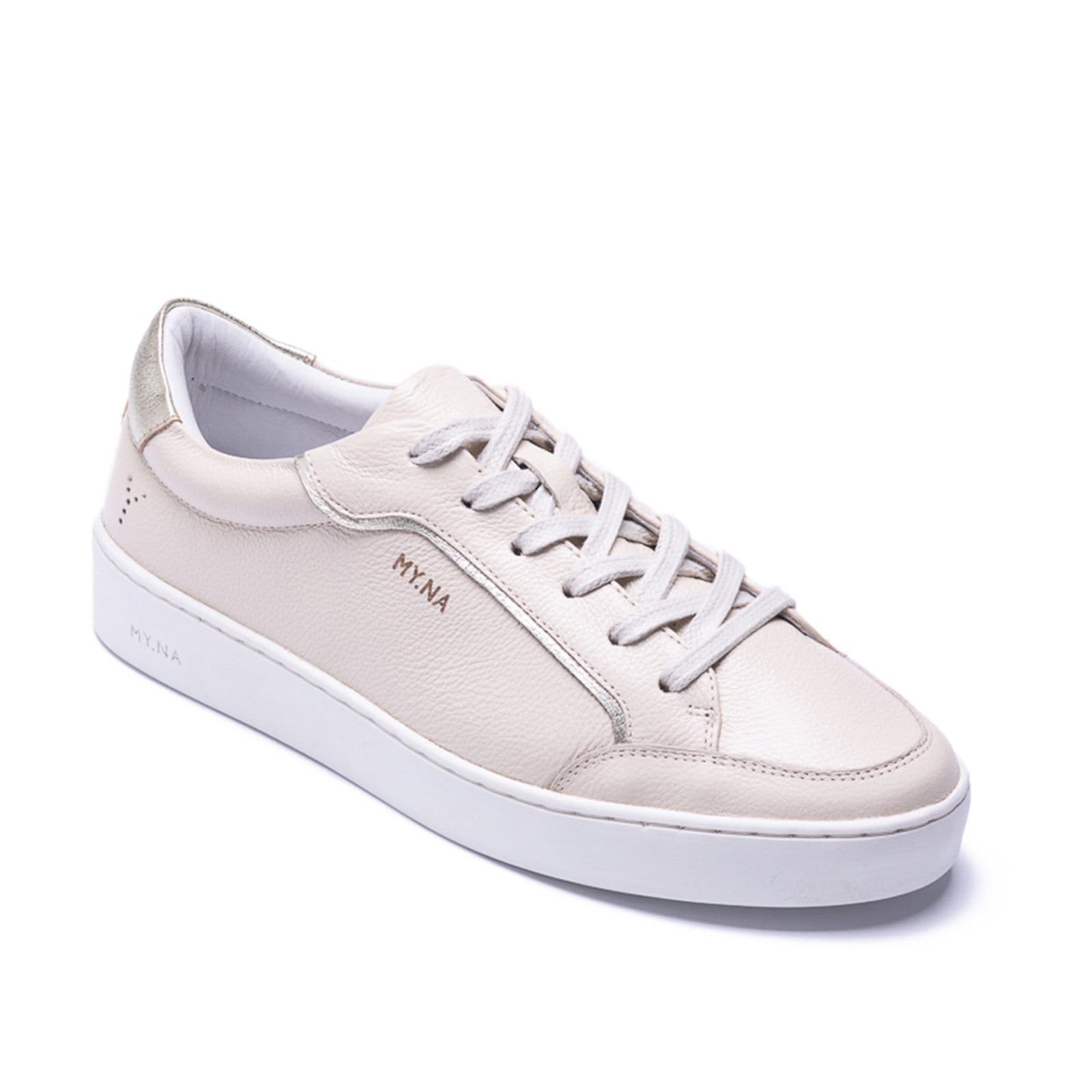 Tênis MY.NA Y7 Couro Legítimo Off White com detalhes em Dourado