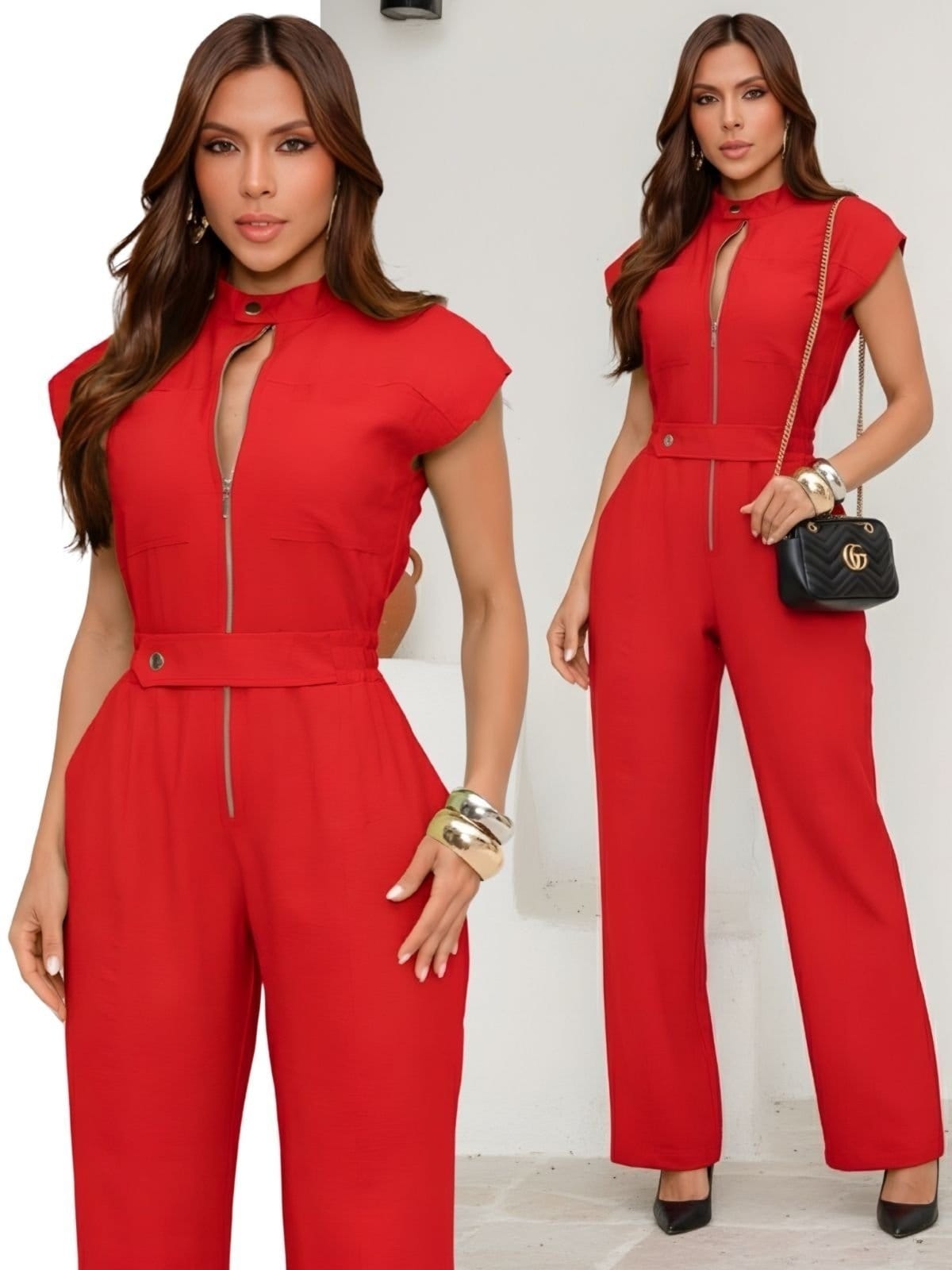 Macacão Divina Gata Cargo Longo Com Zíper Frontal Vita