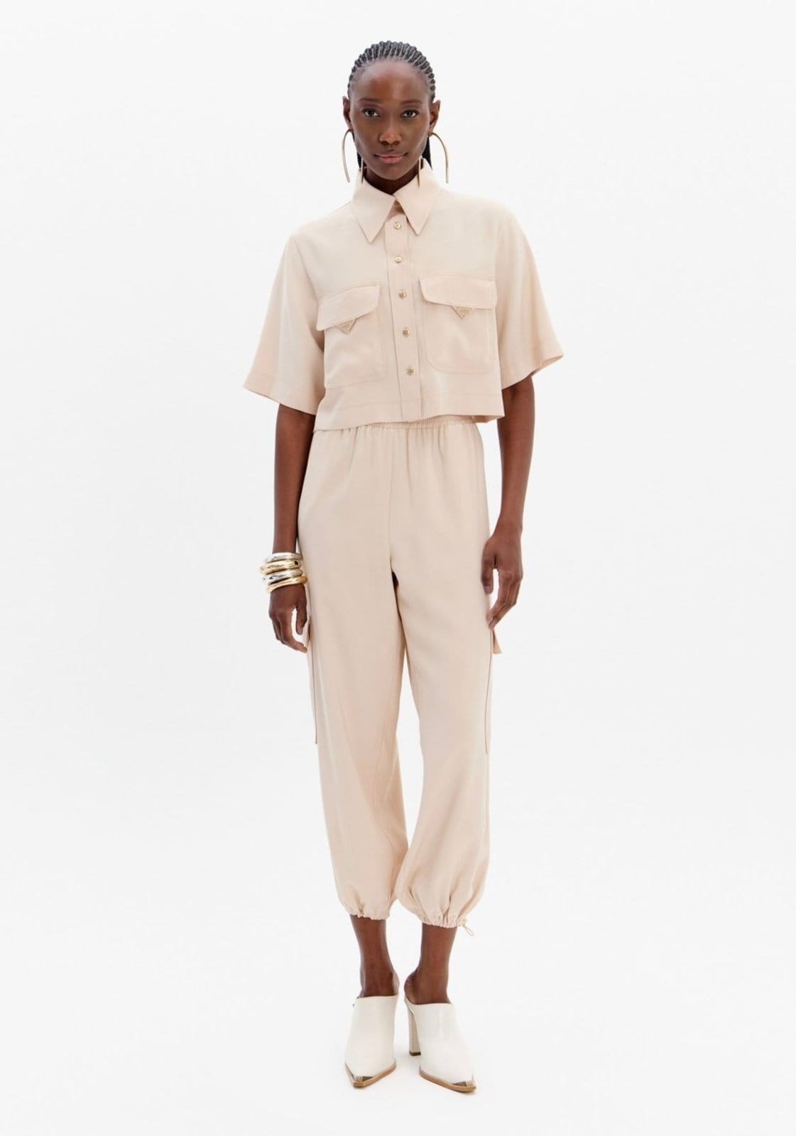 Vista principal Calça Jogging Bolso Cargo Cintura Alta Lança Perfume bege