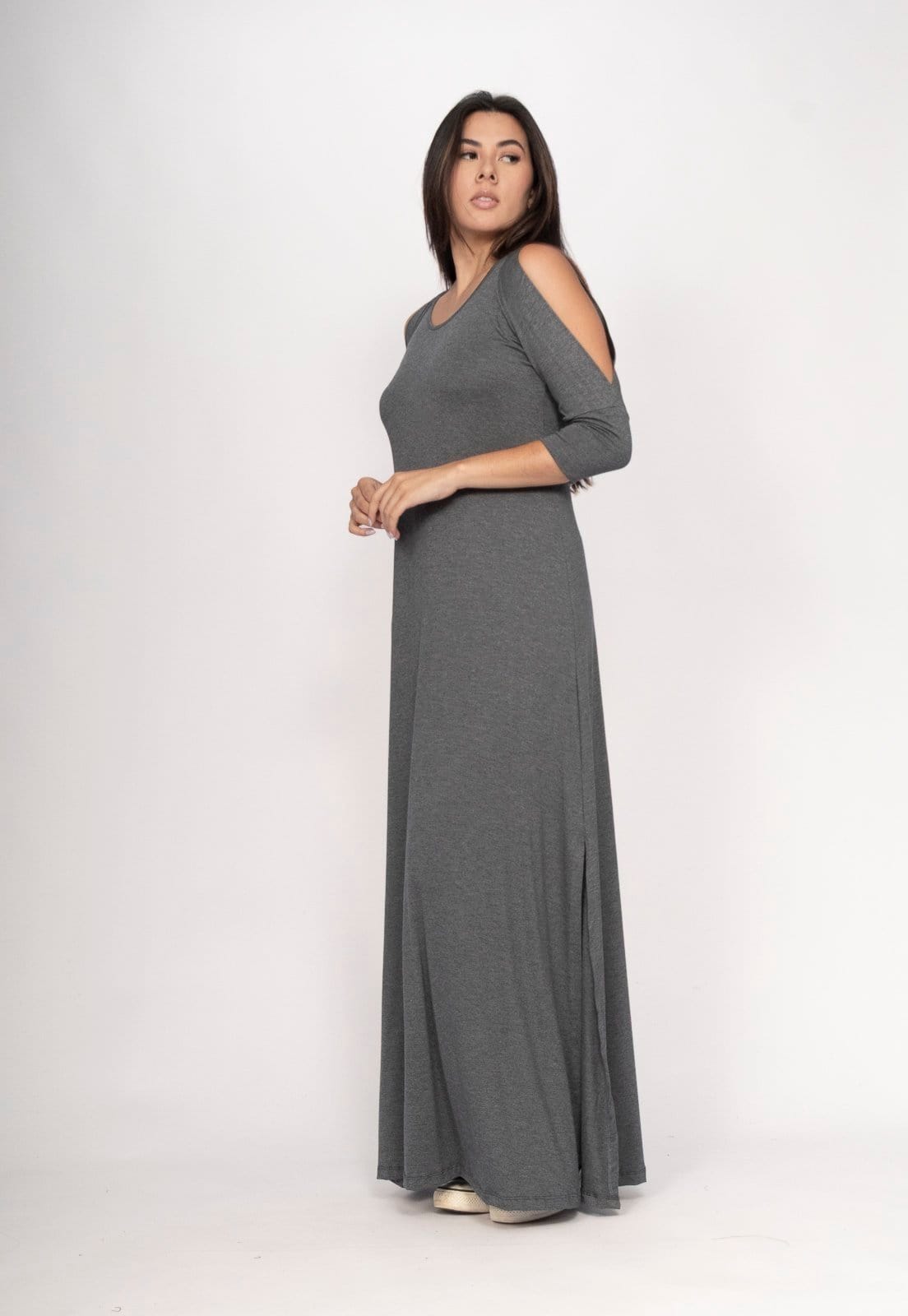 Vista 2 Vestido CabanaFree Boyrá Longo Malha Detalhe na Manga Mescla Cabanafree cinza