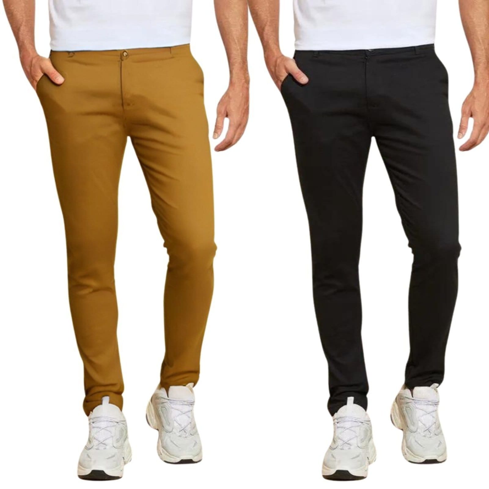 Kit 2 Calças FMF de Sarja Chino Com Bolso Traseiro Embutido Alfaiataria Skinny e Caramelo