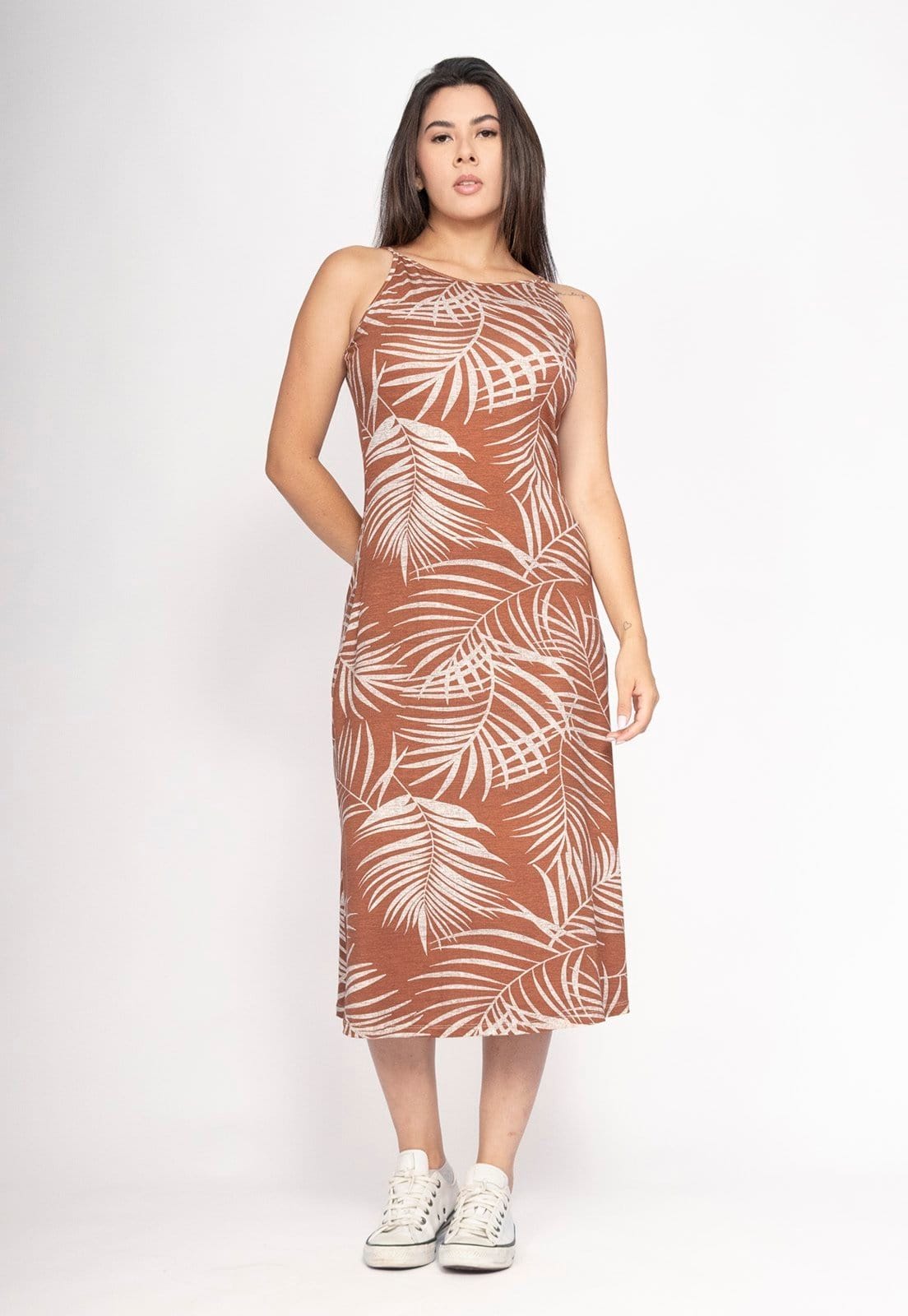 Vista 2 Vestido CabanaFree Aimara Curto Trapézio Malha Palmas da Terra Cabanafree estampado