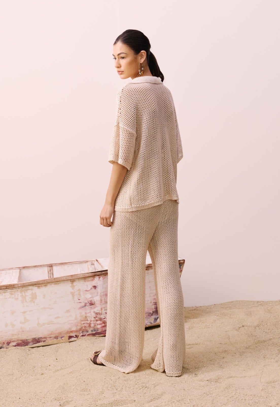 Vista 2 Calça Ampla Rendada Tricot CaCay branco