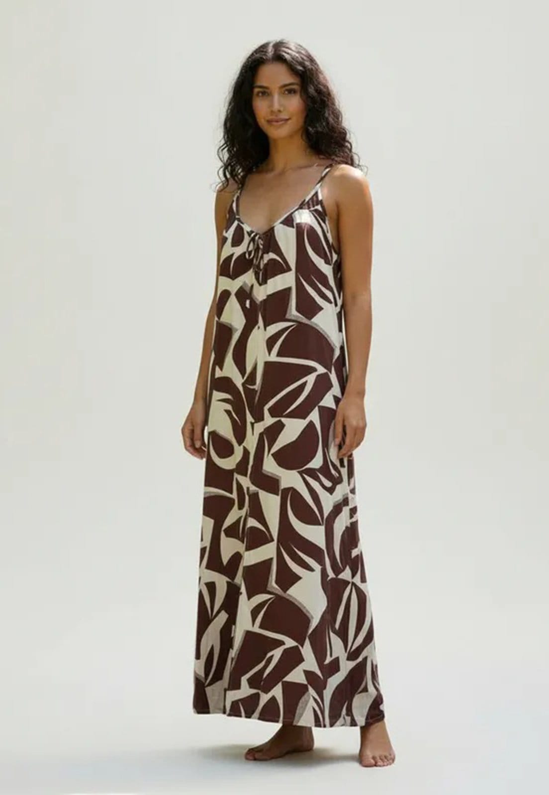 Vestido Longo Cabanafree Caçuá Viscose Alça Fina Estampa Raízes